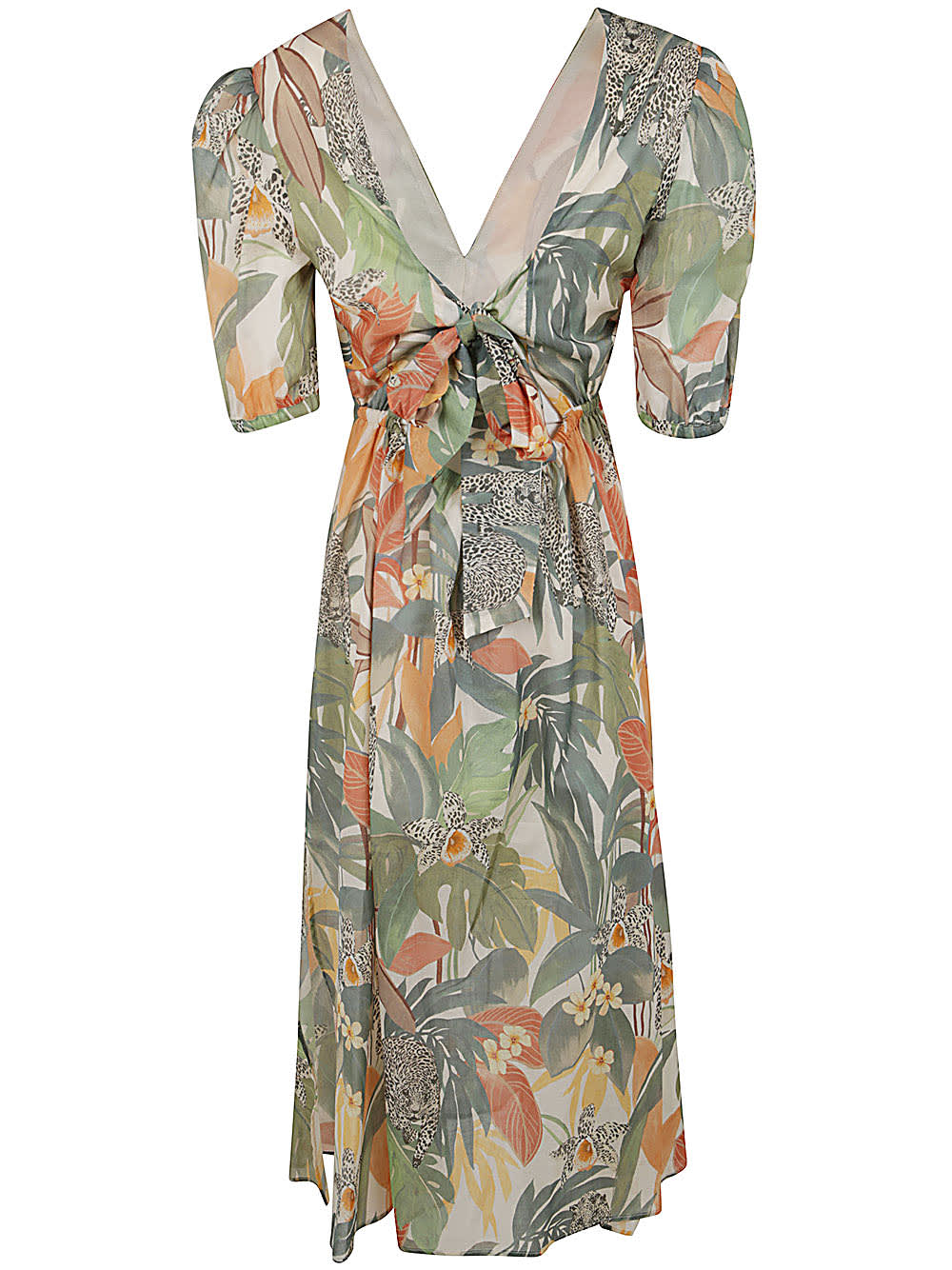 Shop Twinset Jungle Print V-neck Popeline Dress In Papaya