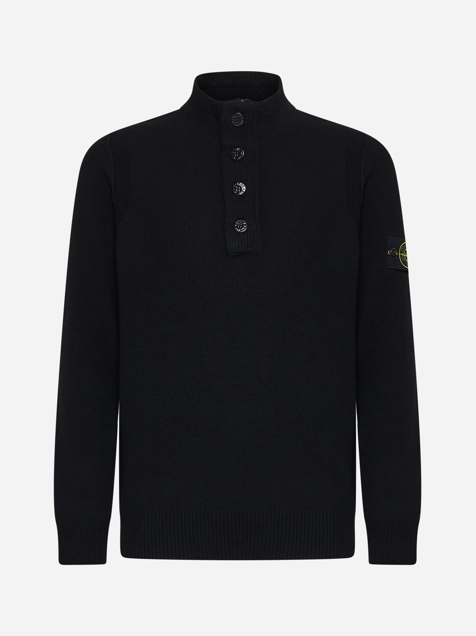 Shop Stone Island Button-collar Wool-blend Sweater In Black