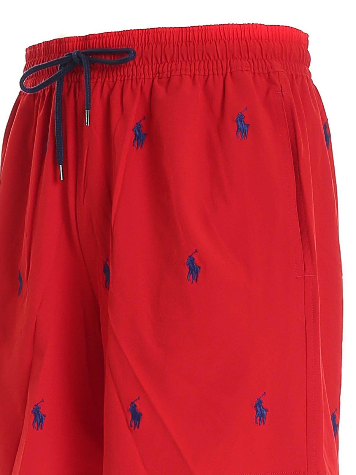 Shop Polo Ralph Lauren All-over Logo Embroidered Swim Shorts In Red