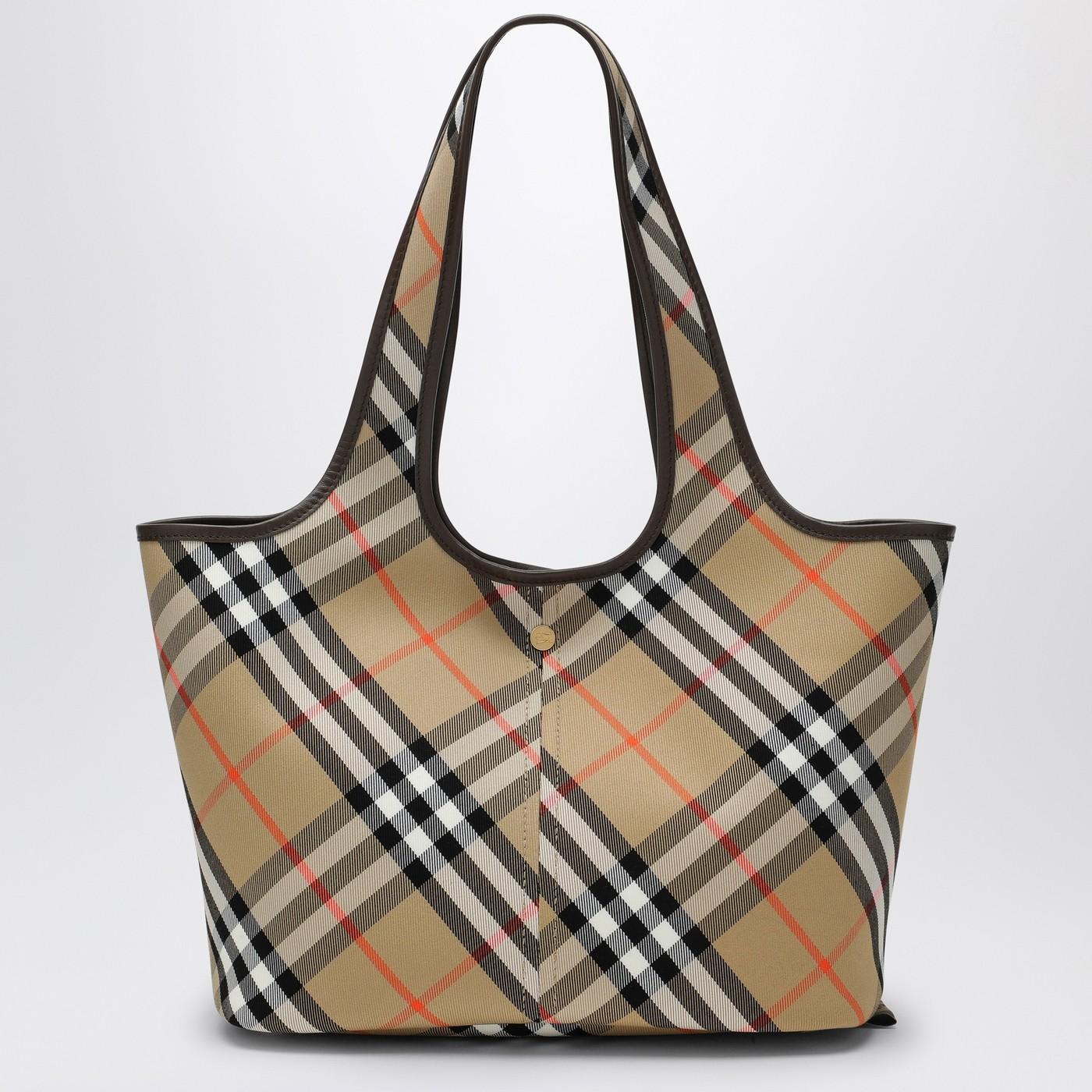 Shop Burberry Beige Check Pattern Small Tote Bag In Sand