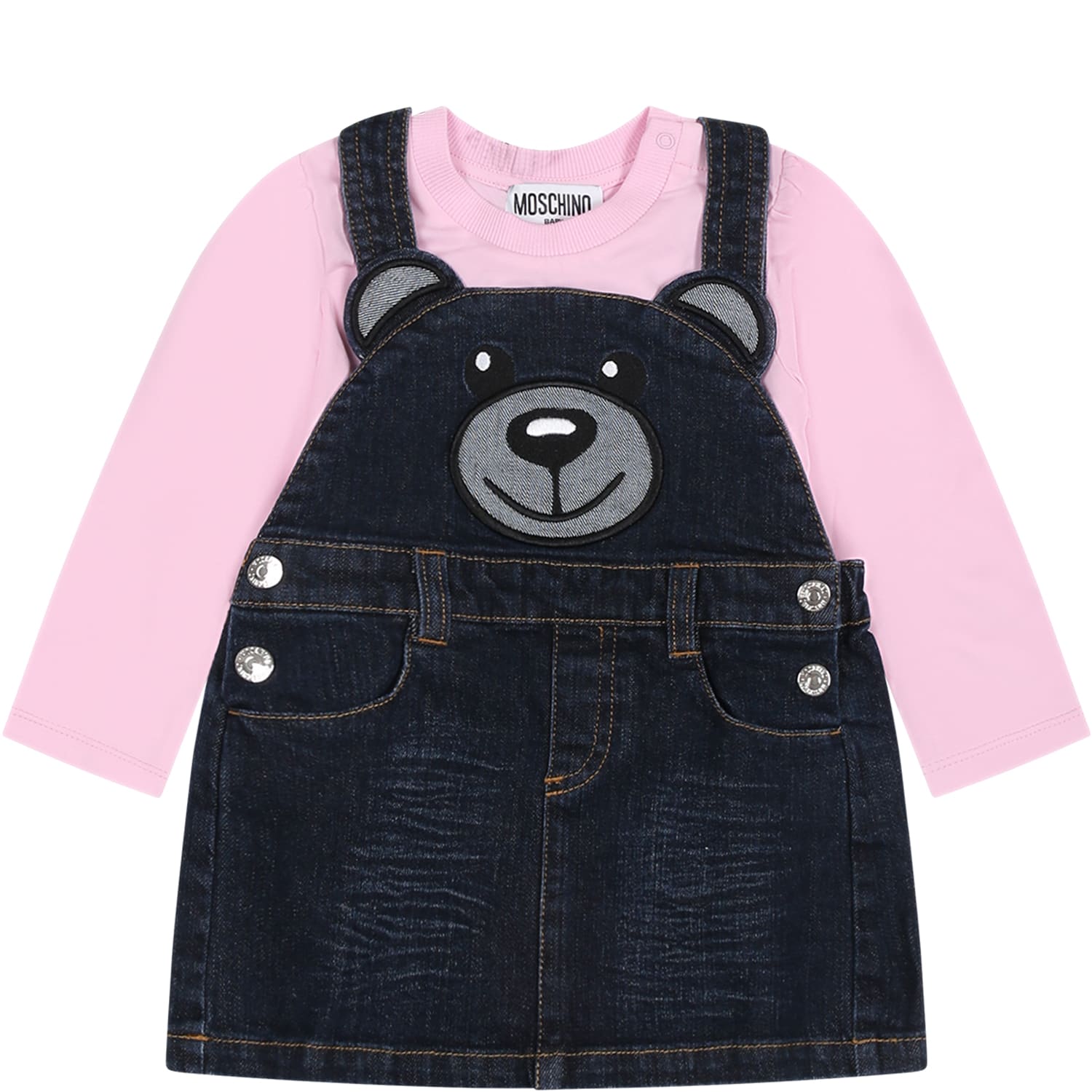 Moschino Blue Suit For Baby Girl With Teddy Bear And Logo In Denim