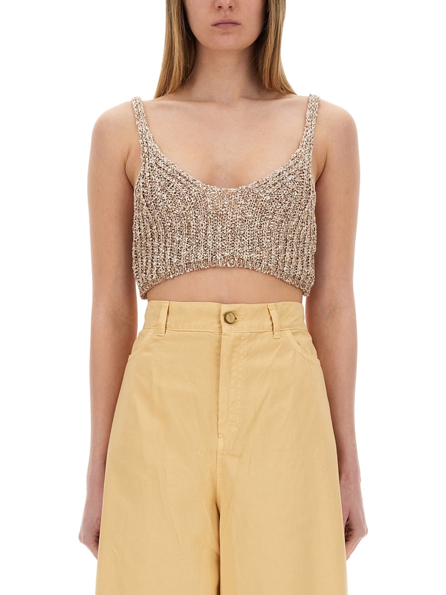 Shop Alysi Sequined Tricot Top In Beige