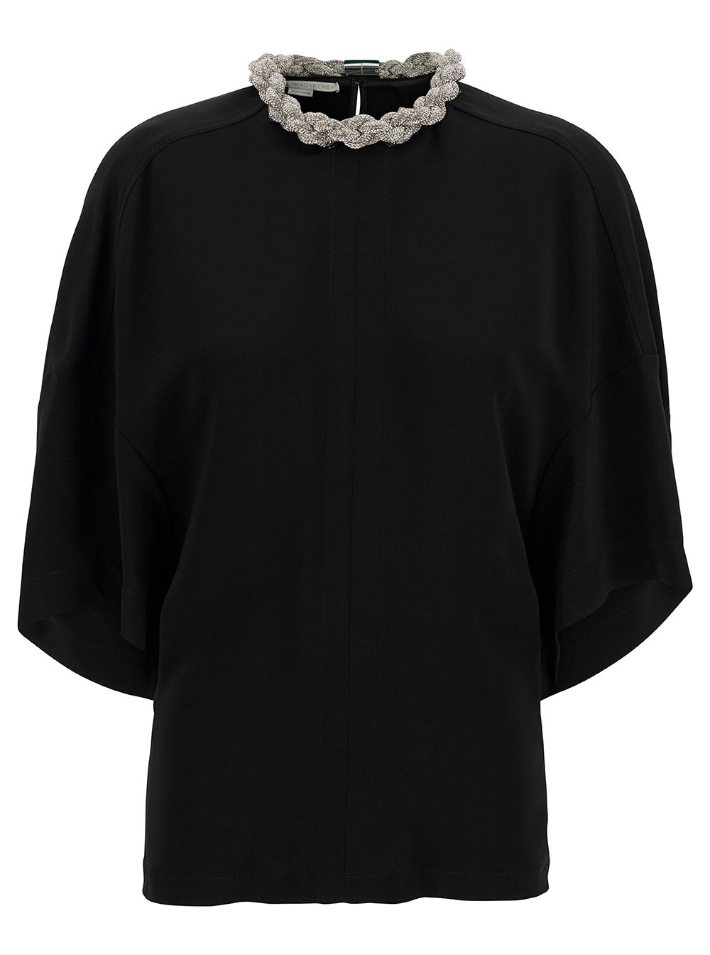 Shop Stella Mccartney Black Crewneck T-shirt With Crystal Chain In Stretch Viscose Woman