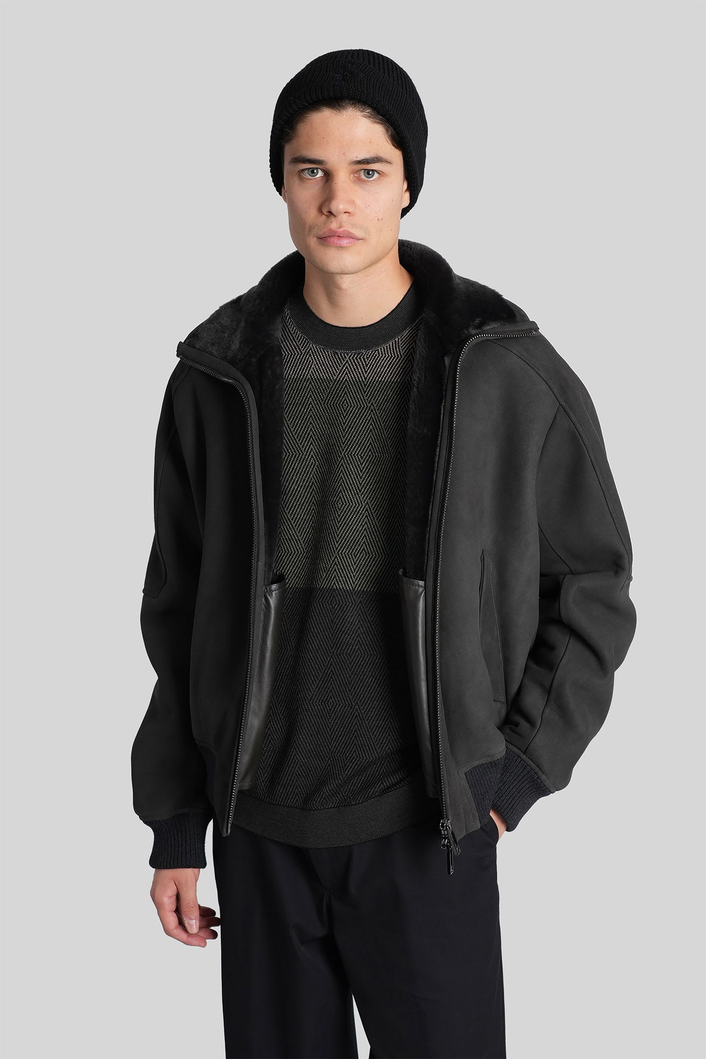 Emporio Armani Leather Jacket In Grey Leather In Gray