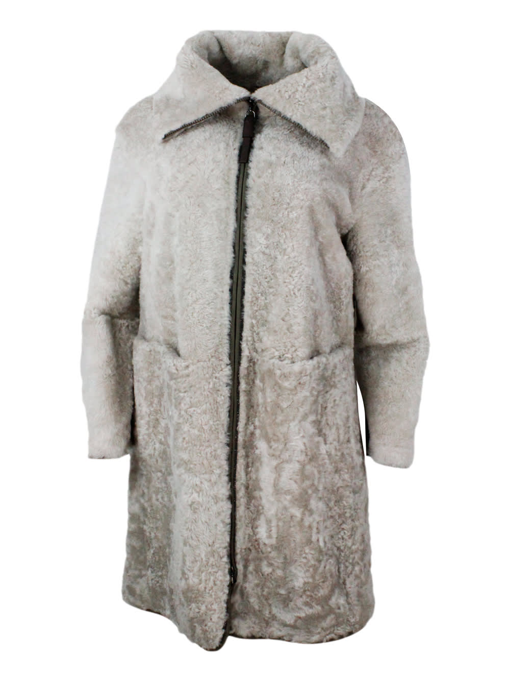 Long Coat In Precious And Refined Shearling Sheepskin With Zip Closure Embellished With Rows Of Brilliant Jewels And With Front Pockets
