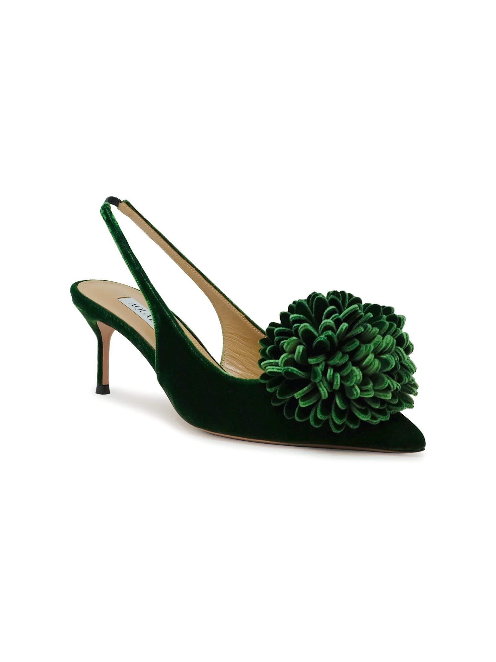 Aquazzura Couturier 65 Pompom-embellished Velvet Slingback Pumps In Green