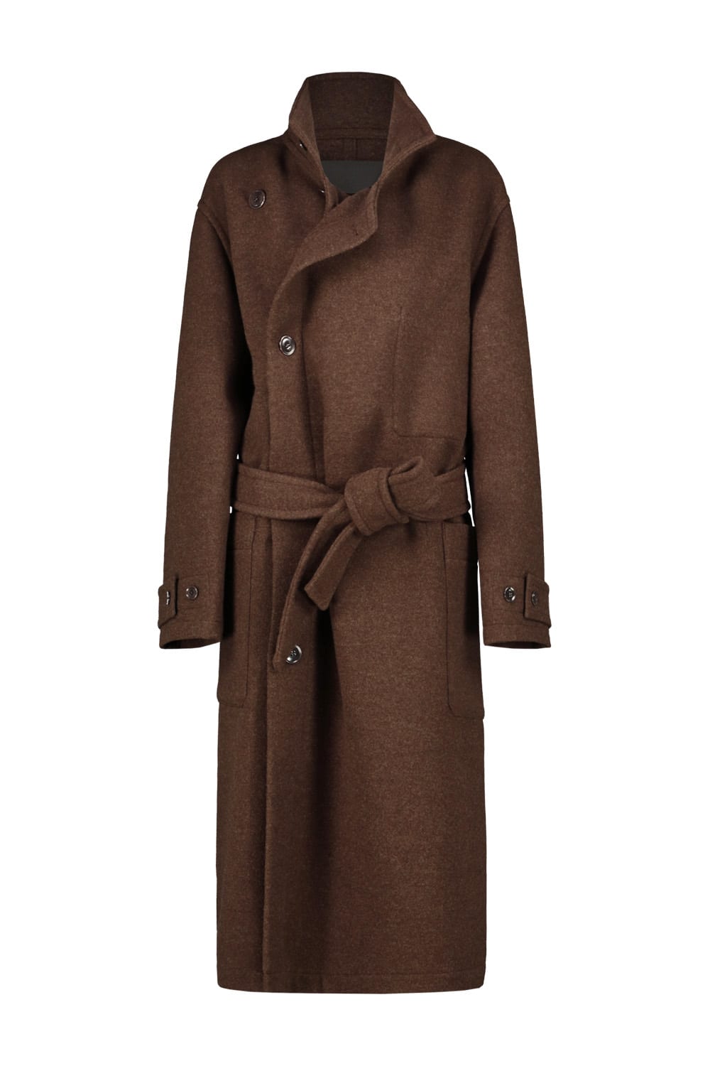 Shop Lemaire Wrap Coat With Contrast Stitch In Brown Chine