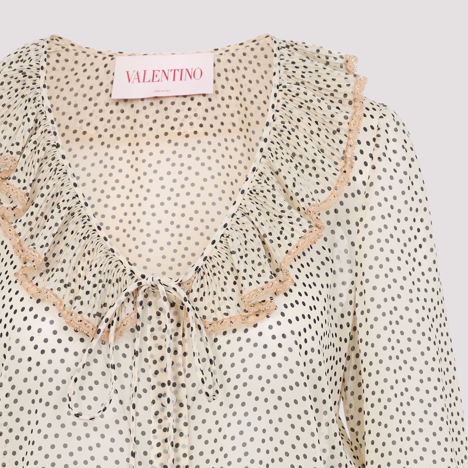 Valentino Silk Blouse With Ruffled Neckline And Polka Dot Pattern In E Betulla Nero