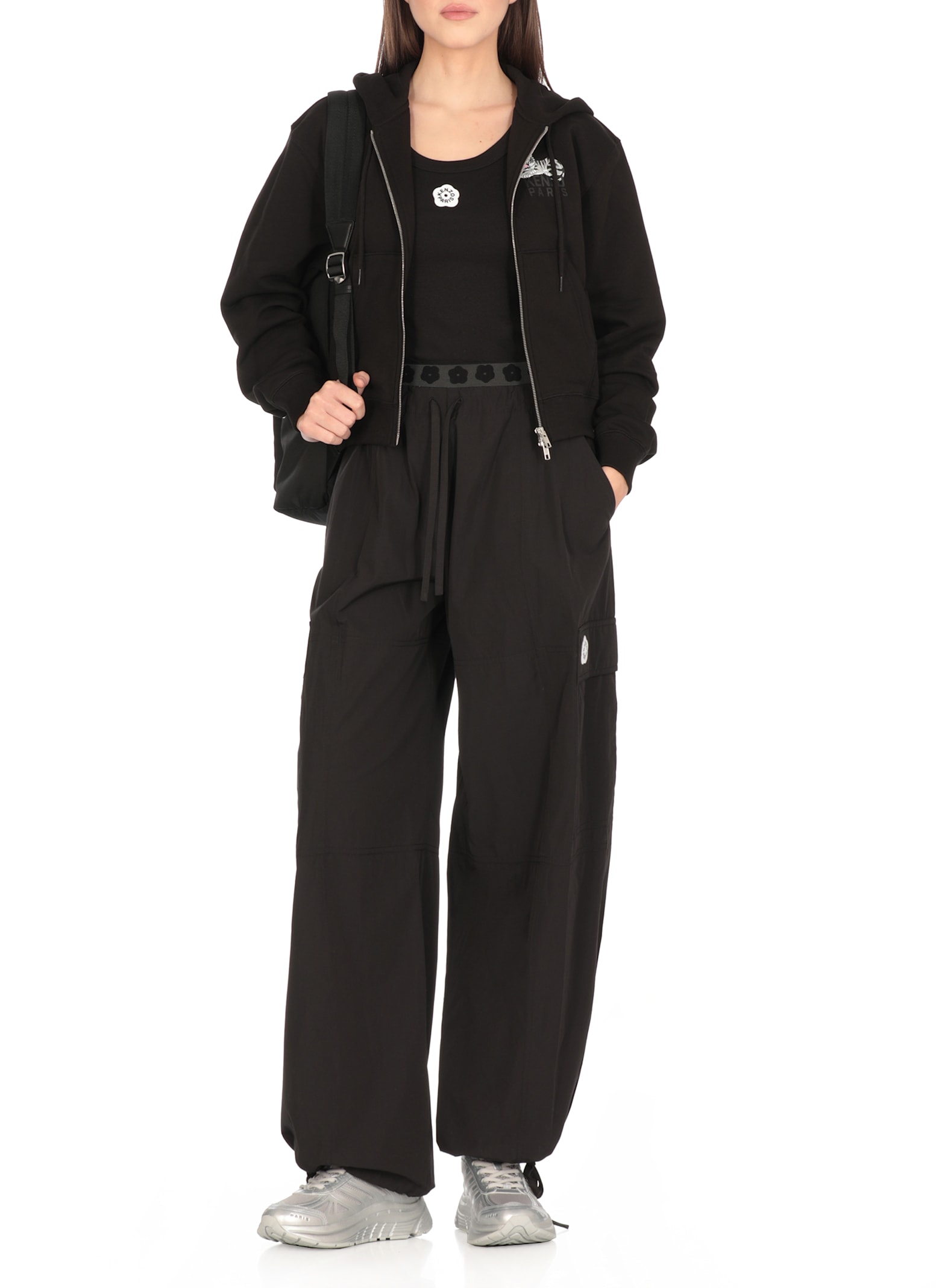 Kenzo Boke Flower 2.0 Black Pants With Flowers Embellishmed Waist And Logo Patch On The Pocket In Cotton B In Black
