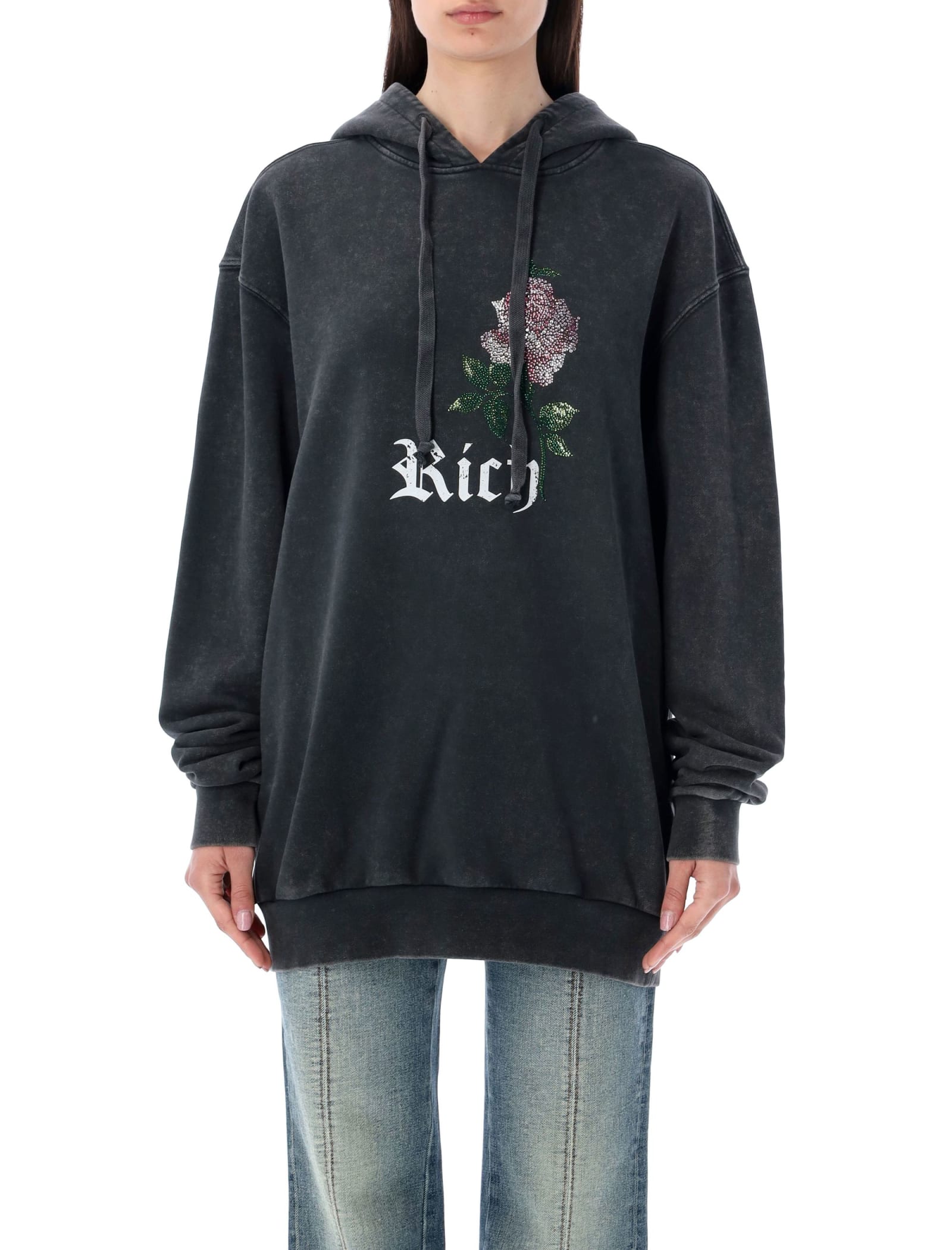 Alessandra Rich Rhinestone-embellished Drawstring Hoodie In Grey