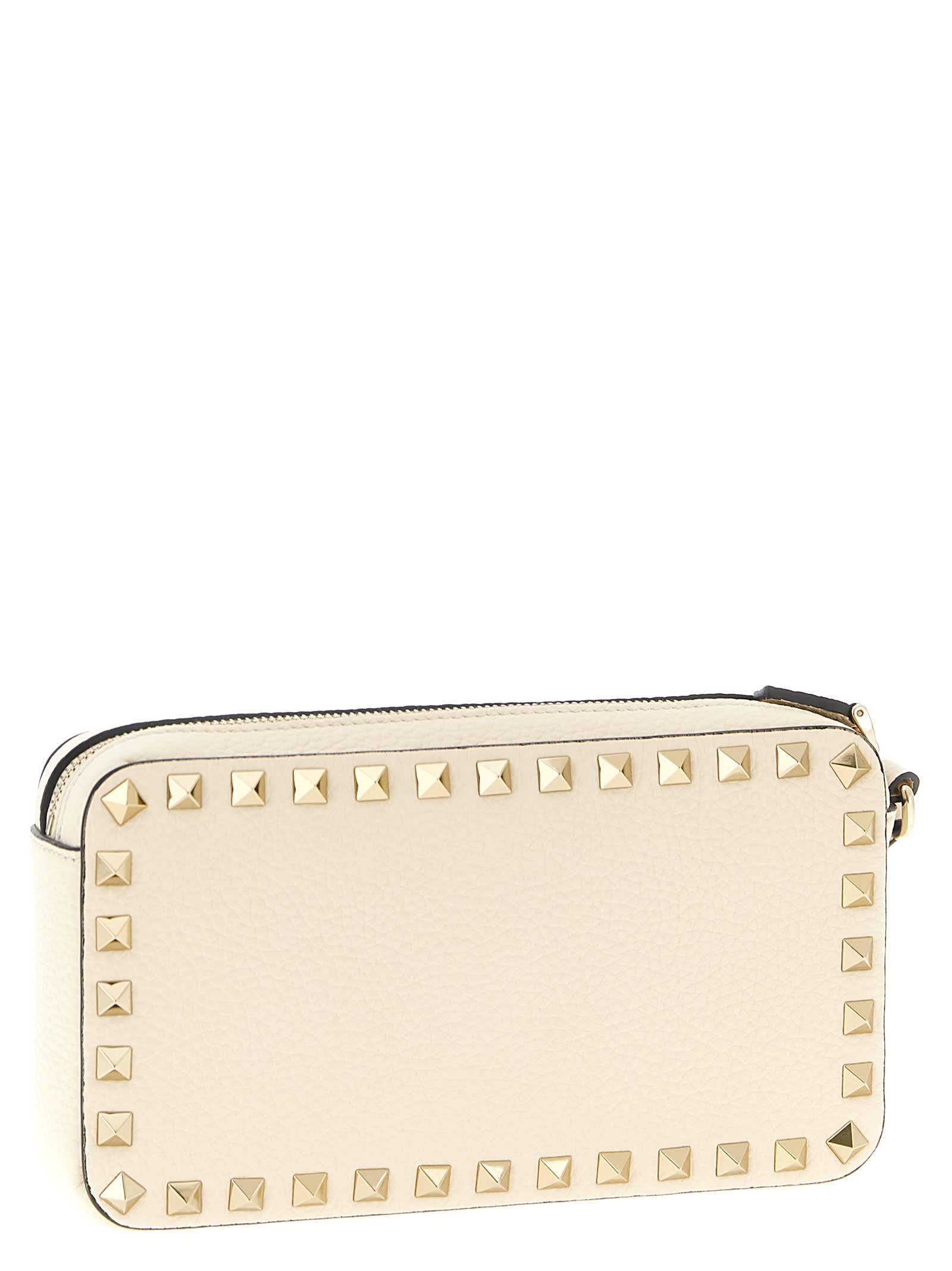 Valentino Rockstud Rectangular Clutch Bag With Wrist Strap In Neutral