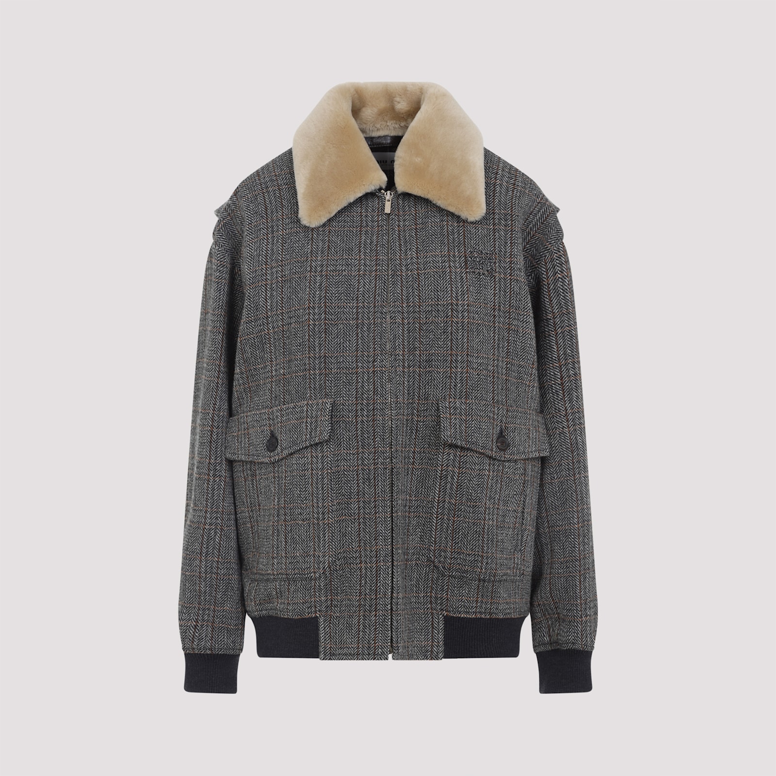 Miu Miu Blouson Wool Shearling Collar In Gray