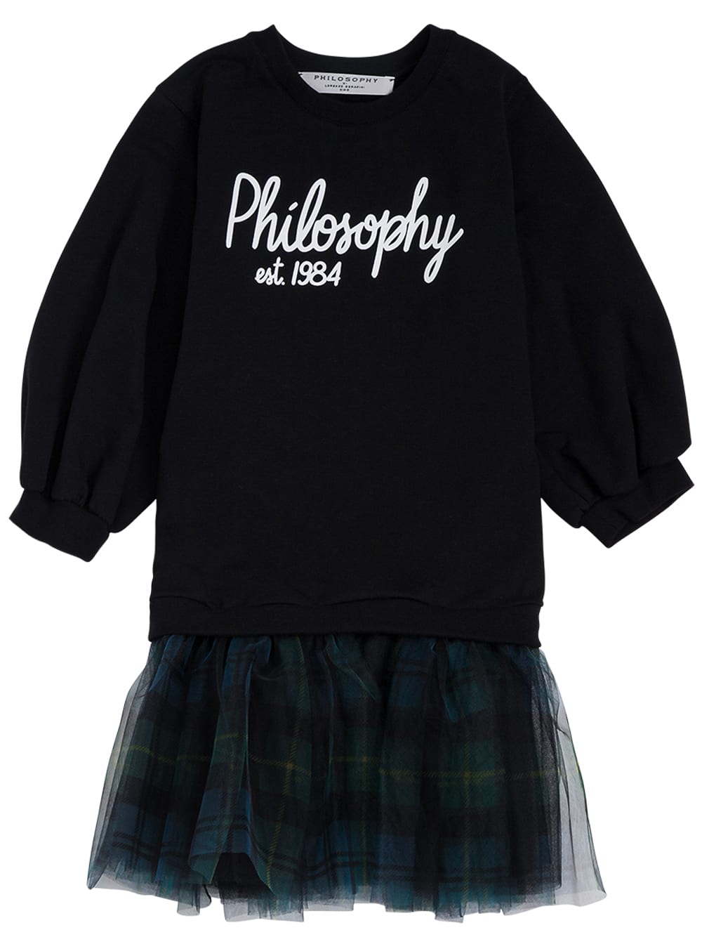 Philosophy di Lorenzo Serafini Kids Black Cotton And Tulle Check Dress With Logo Print