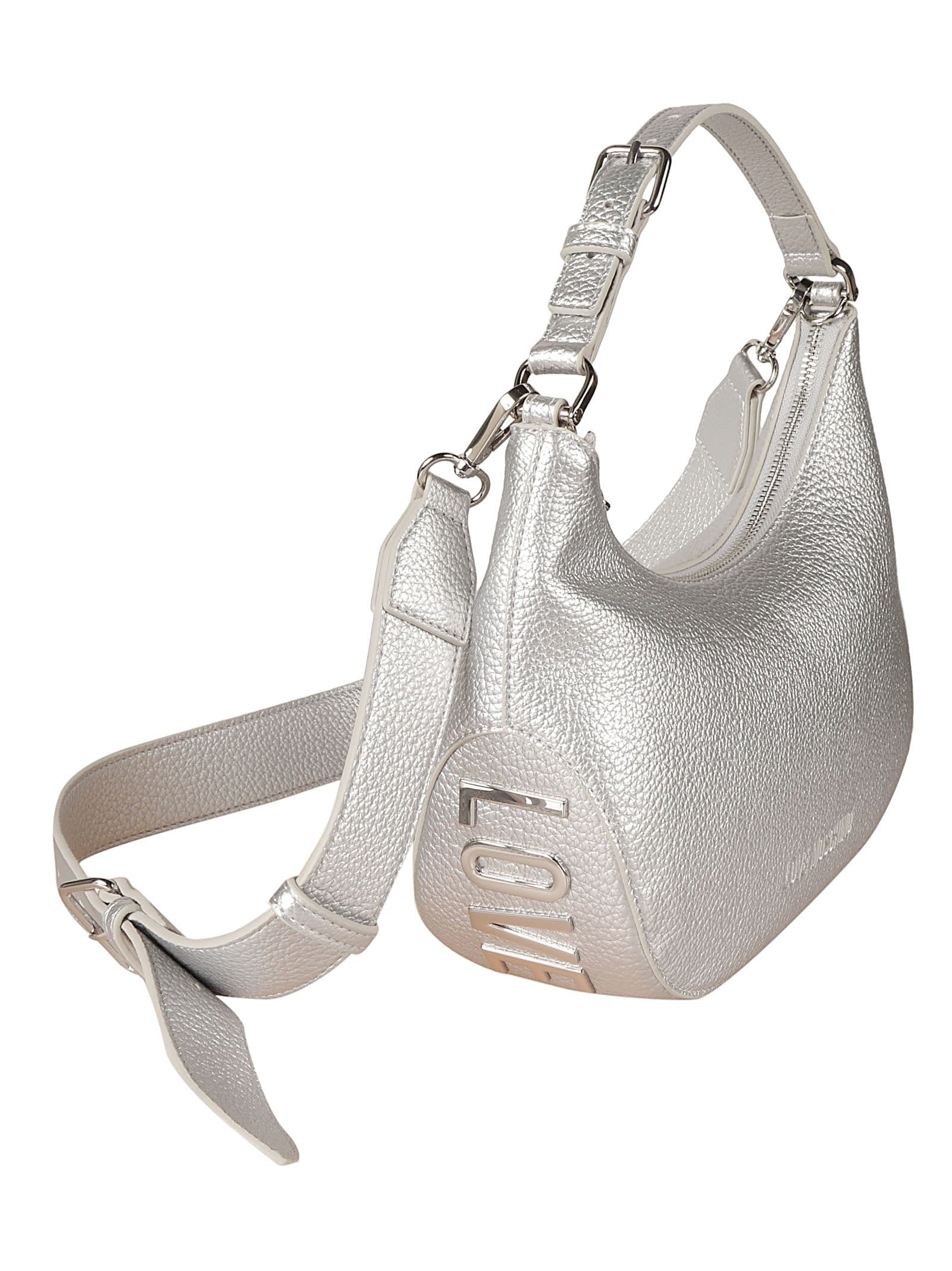 Shop Love Moschino Metallic Logo Stamp Top Zip Shoulder Bag In Silver