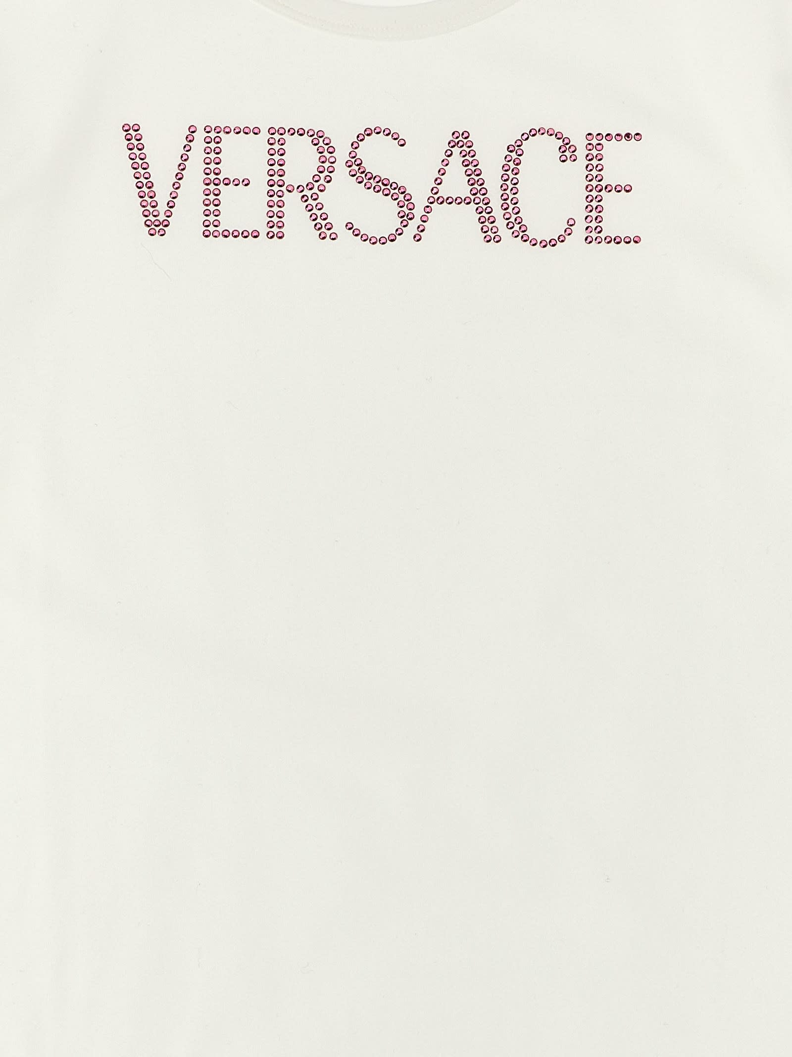 Shop Versace Rhinestone Logo T-shirt In Bianco