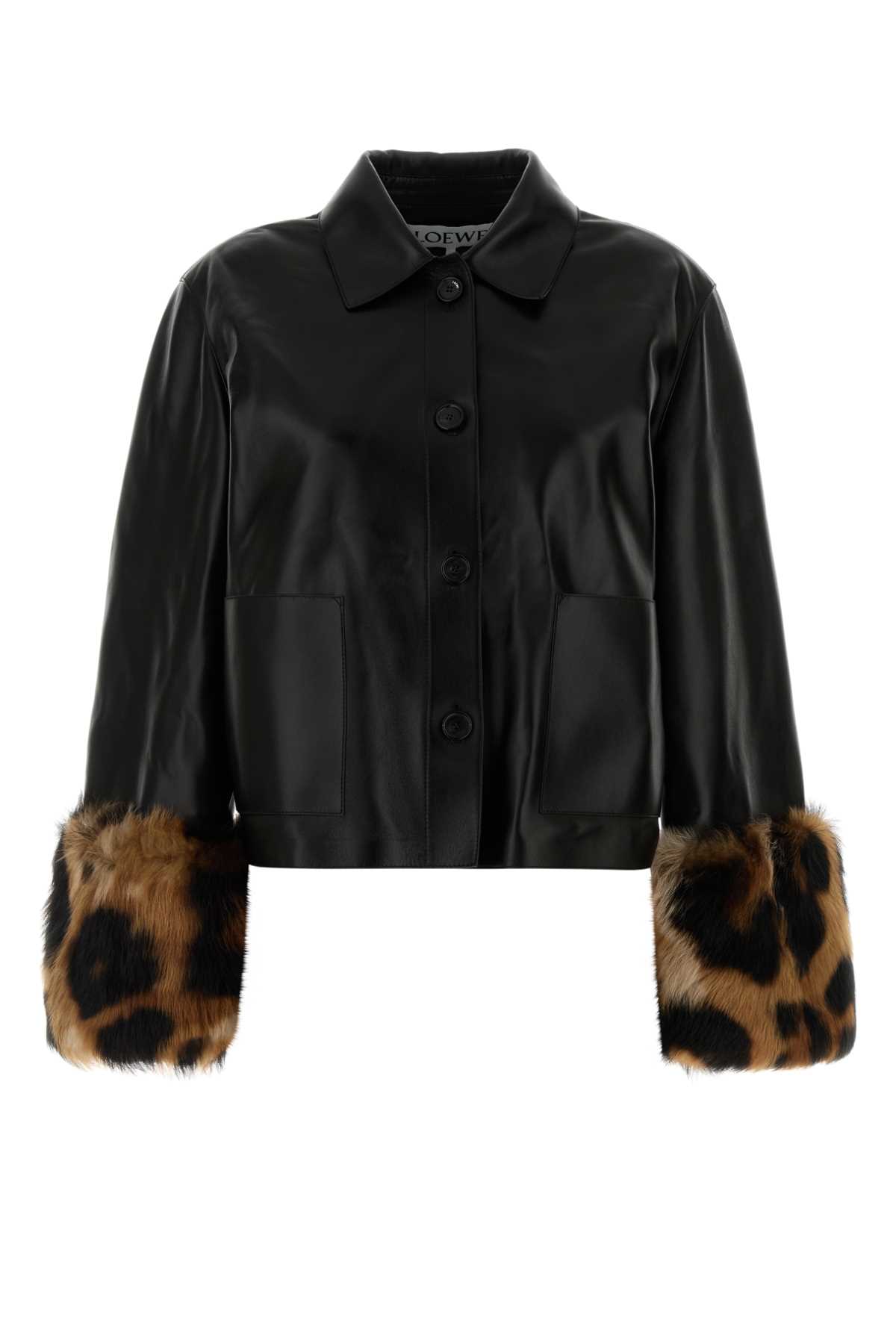 Loewe Leopard-print Shearling-trimmed Glossed-leather Jacket In Black