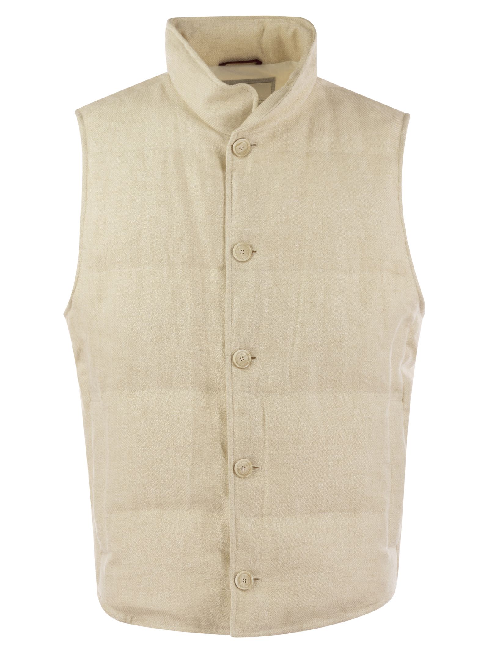 Brunello Cucinelli Linen, Wool And Silk Diagonal Sleeveless Down Jacket In Gold