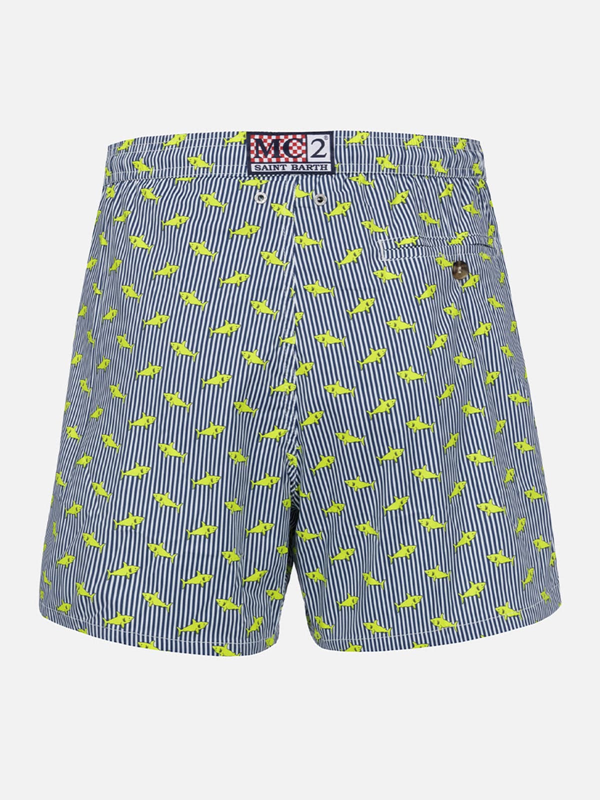 Mc2 Saint Barth Man Comfort Light Swim Shorts With Sharks Print In Blue Navy