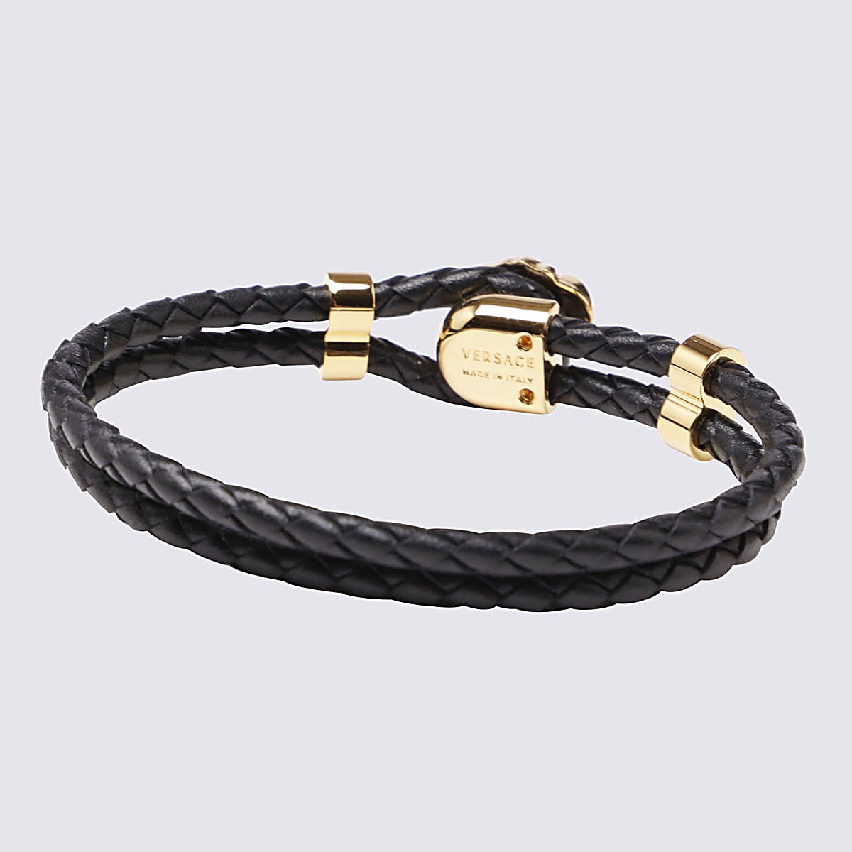 Shop Versace Black Leather And Gold-tone Brass Medusa Bracelet