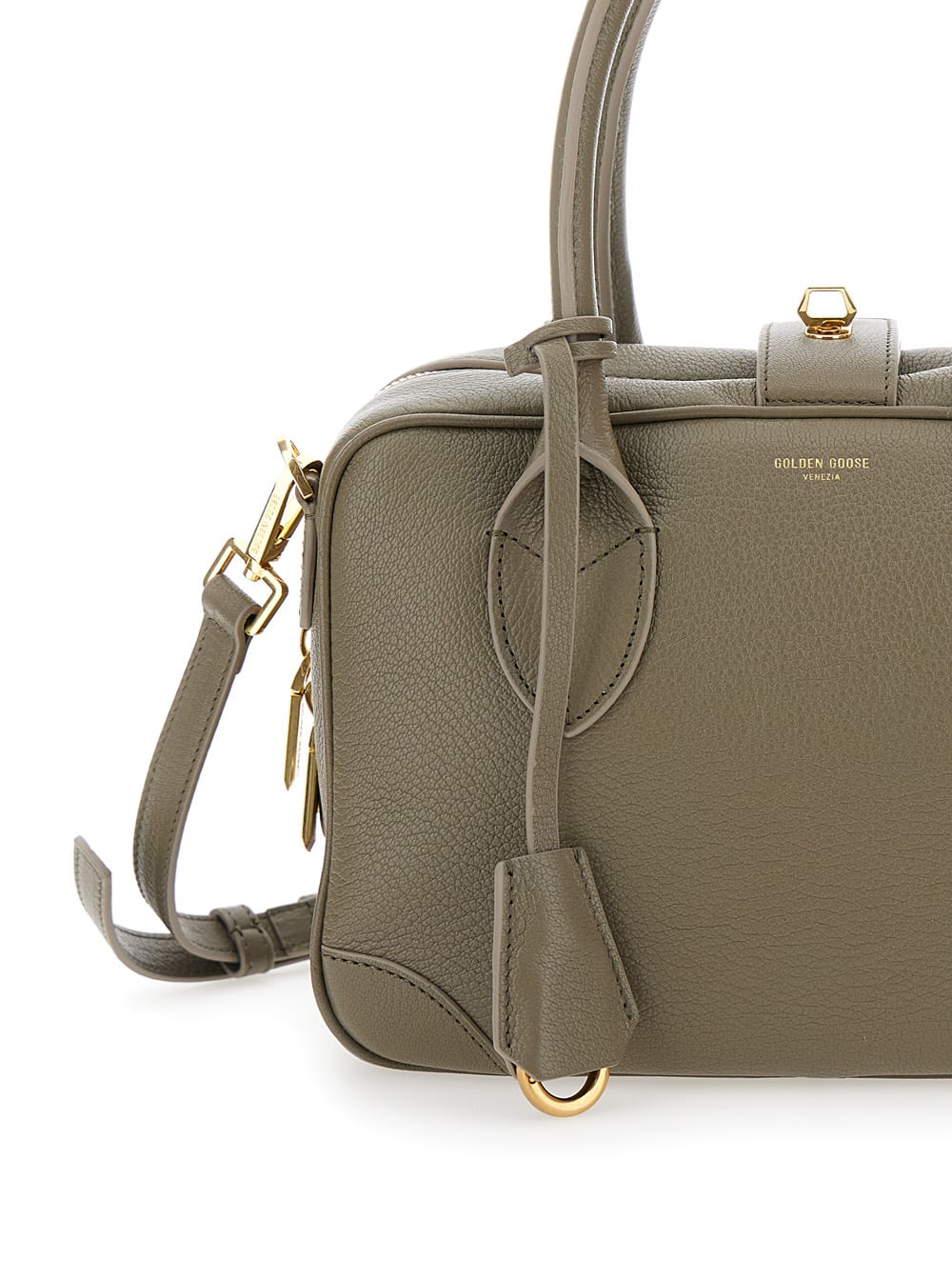 Shop Golden Goose Vita Beige Handbag With Laminated Logo In Hammered Leather Woman In Sage Green