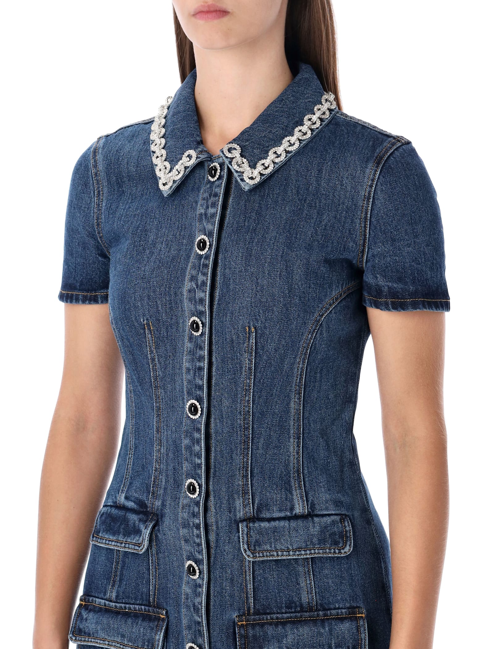 Self-portrait Denim Mini Dress With Crystal-embellished Collar In Blue