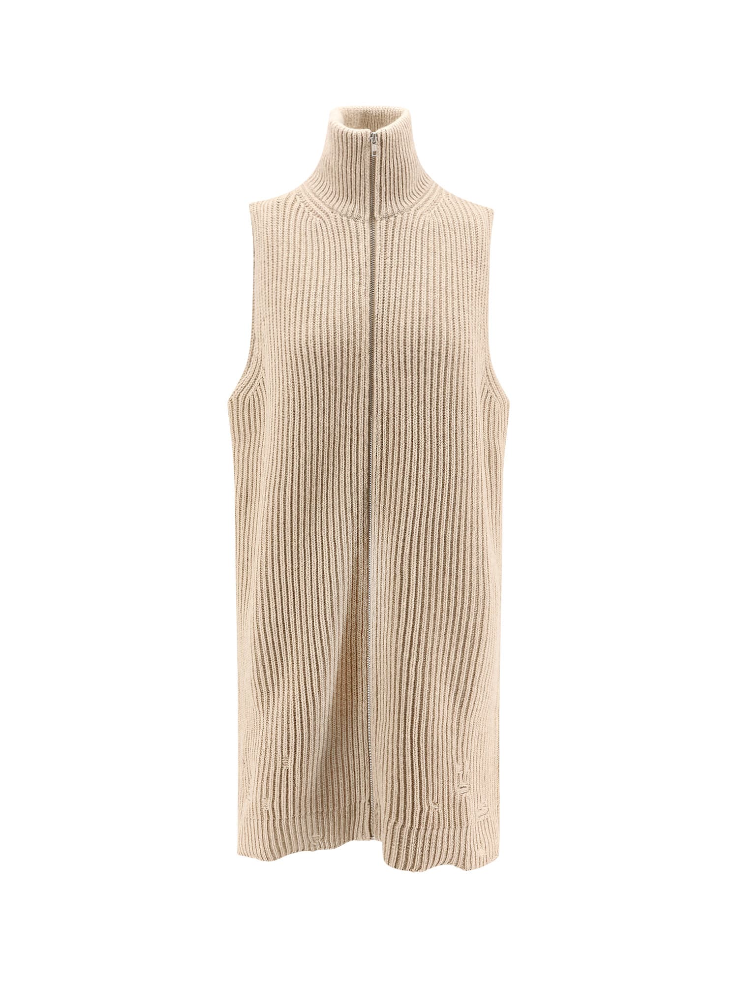 Sleeveless Long Wool Blend Cardigan With Distressed Effect