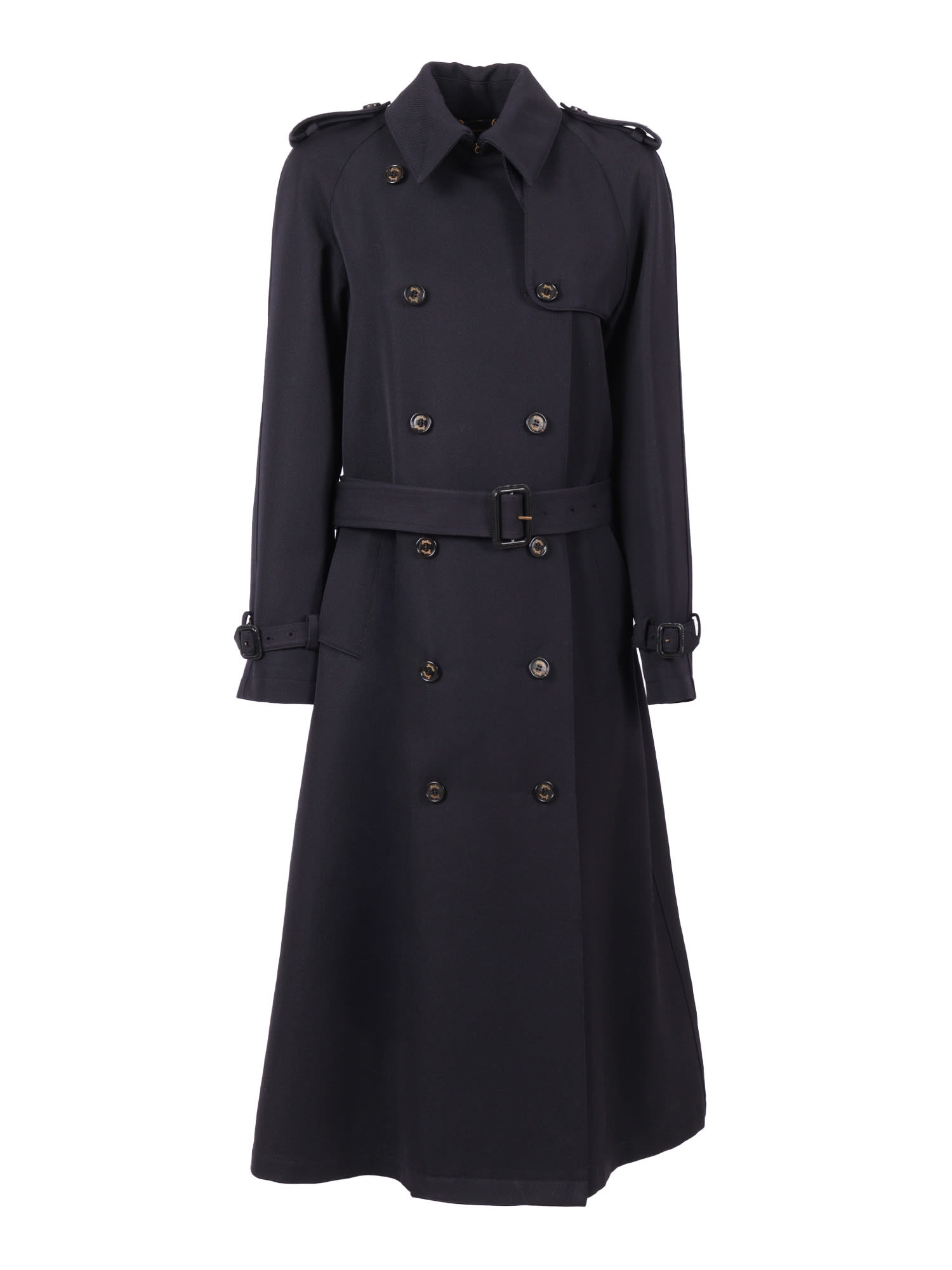 Sealup Athena Trench Coat In Wool Blend, Genuine Leather Buckle, Branded Horn Buttons