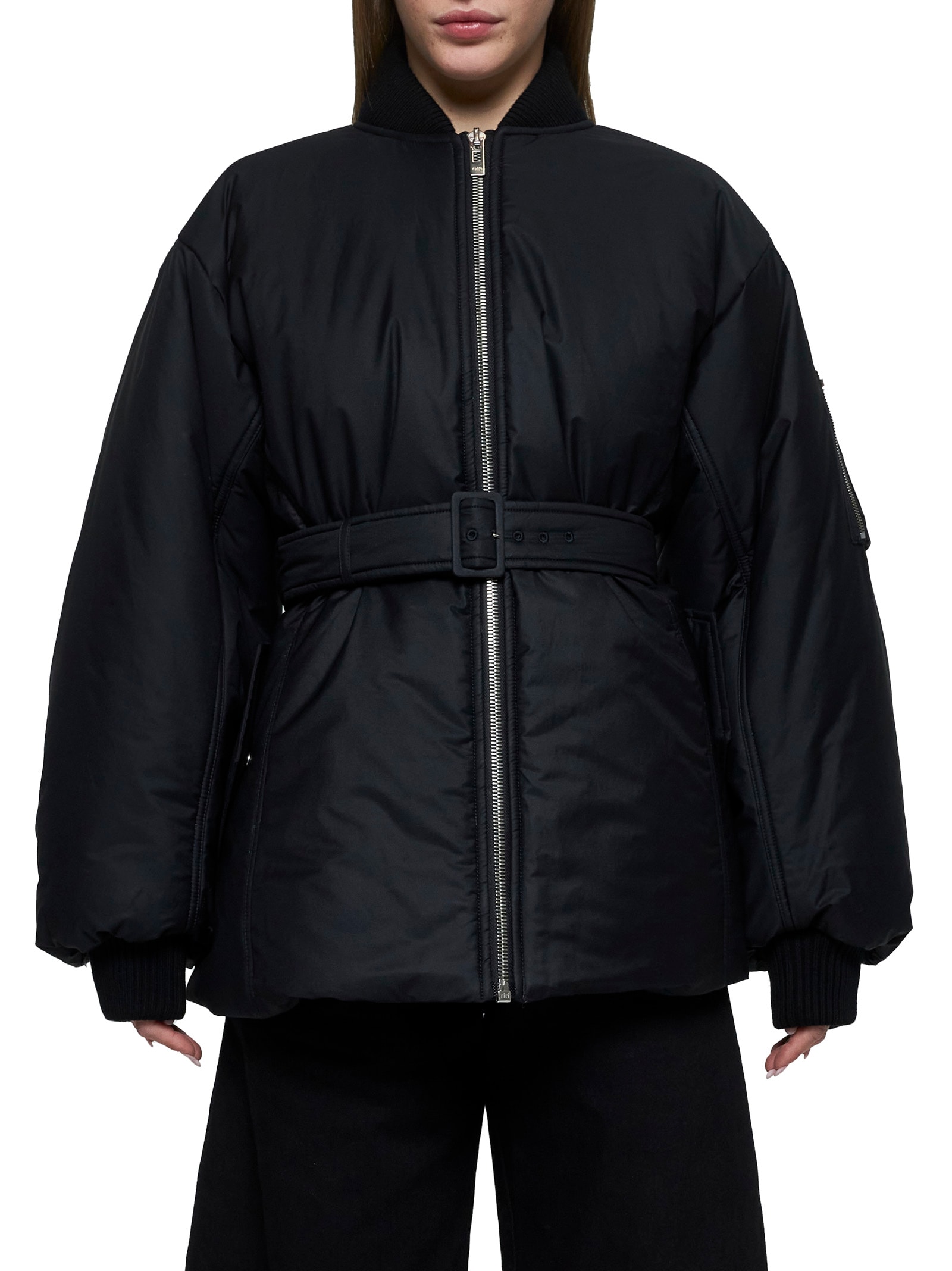 ALAÏA BLACK TECHNICAL TWILL BELTED BOMBER JACKET
