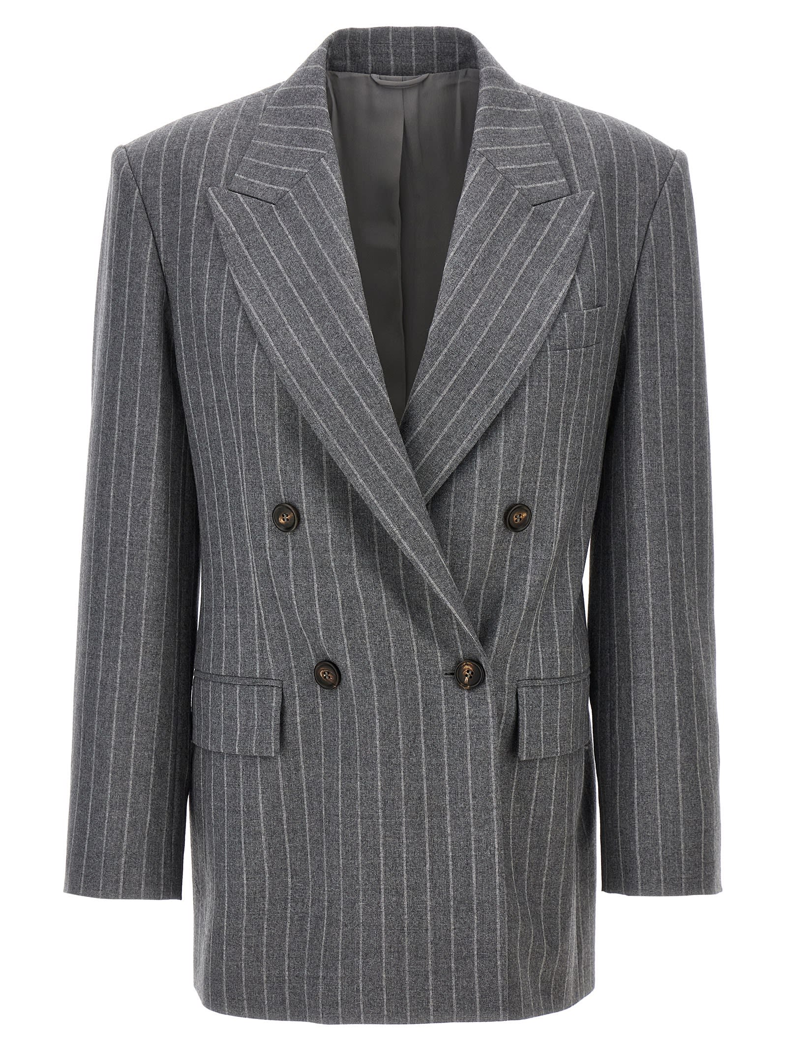 Shop Brunello Cucinelli Pinstriped Double-breasted Blazer In Gray