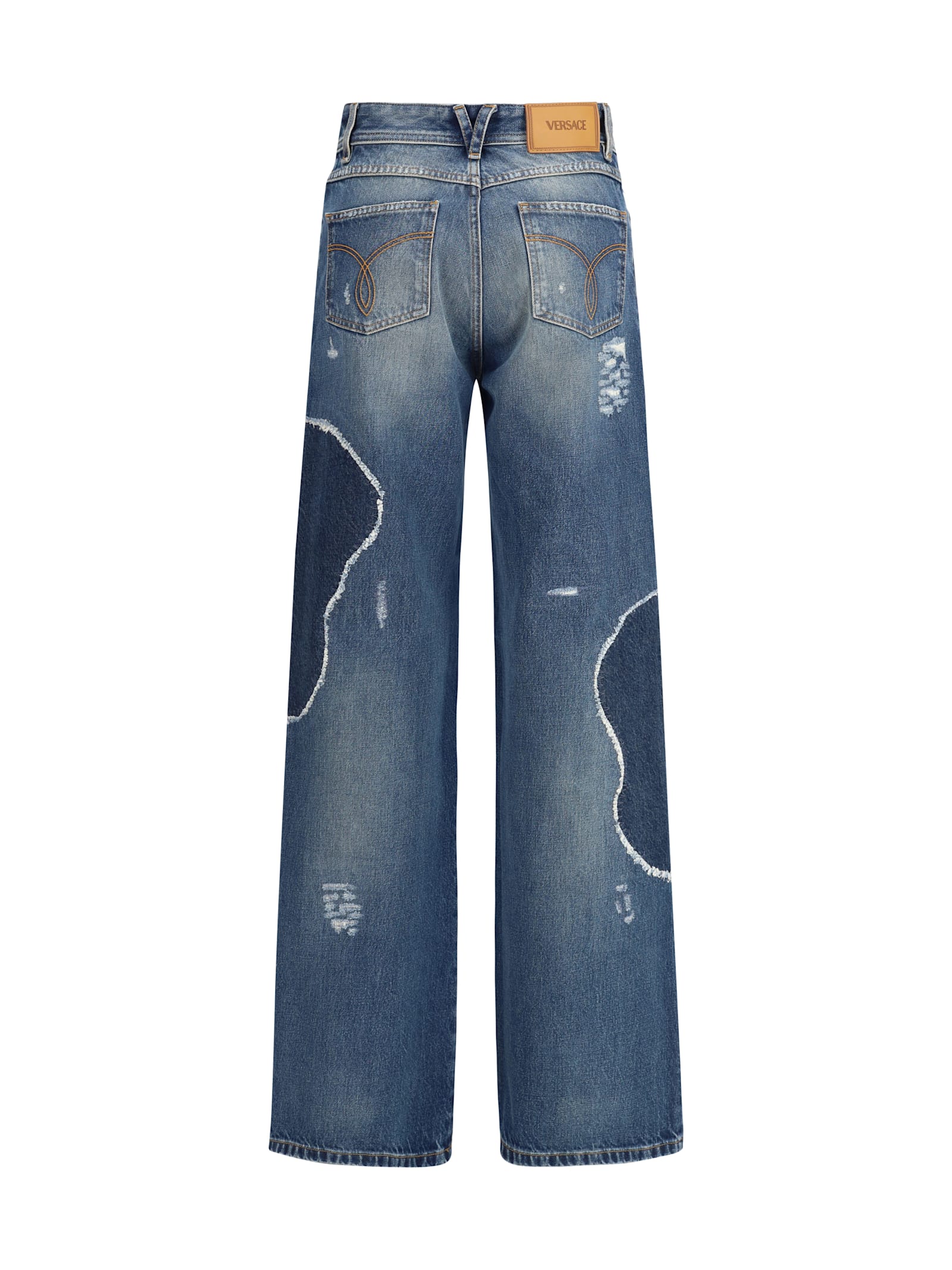 Versace Distressed Patchwork High-rise Wide-leg Jeans In Blue