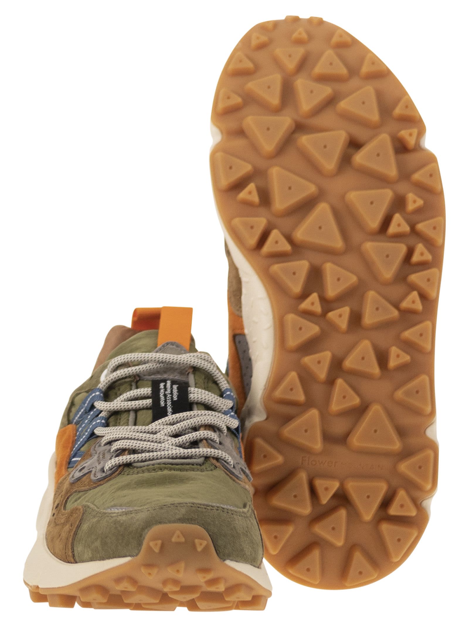 Flower Mountain Yamano 3 - Sneakers In Suede And Technical Fabric In Green/orange