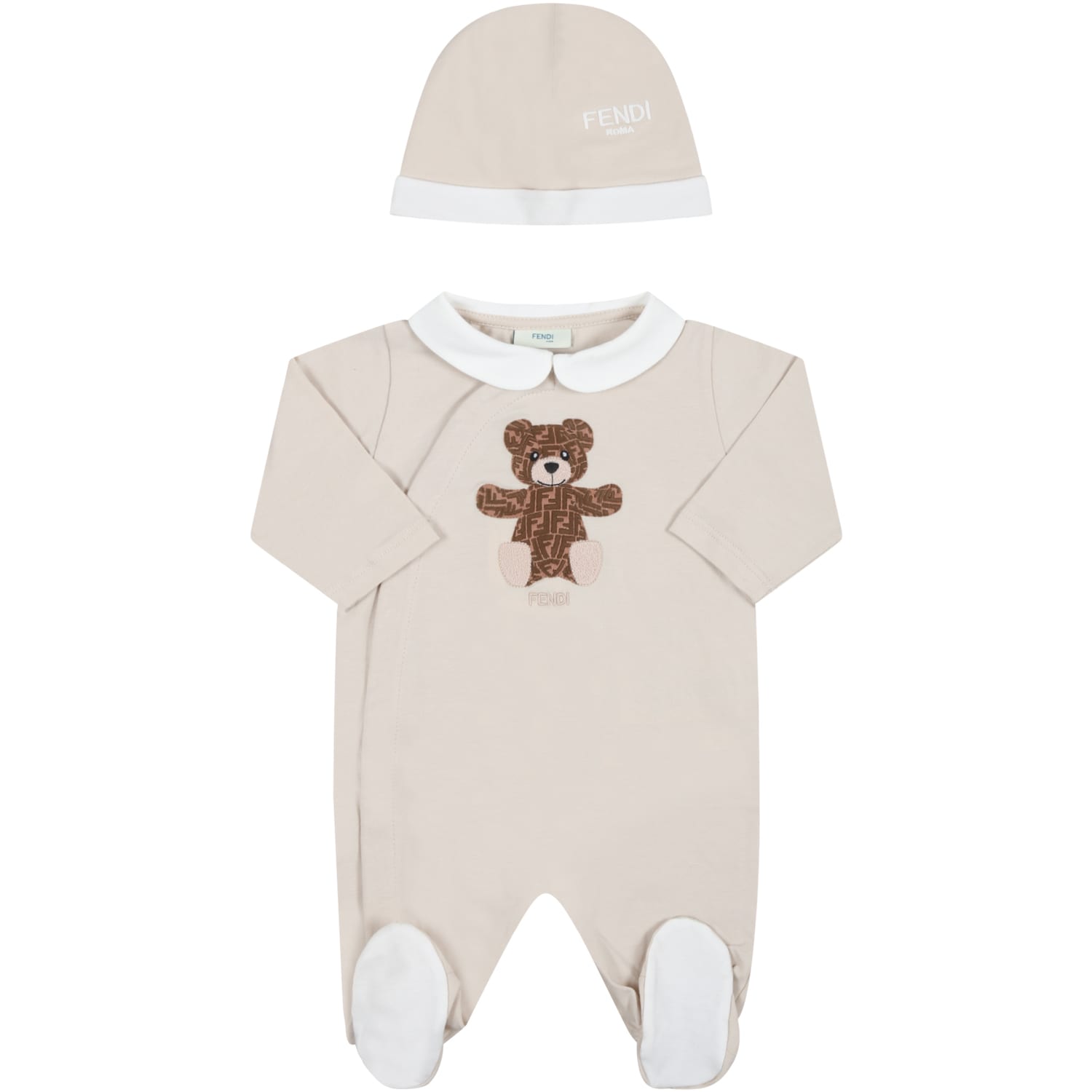 Shop Fendi Beige Set For Babykids With Teddy Bear