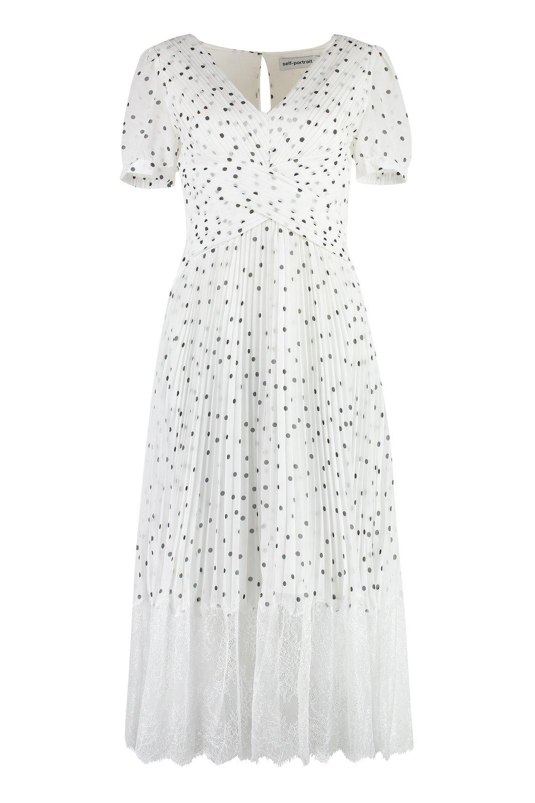 Shop Self-portrait Polka Dot Printed V-neck Pleated Dress In Monochrome