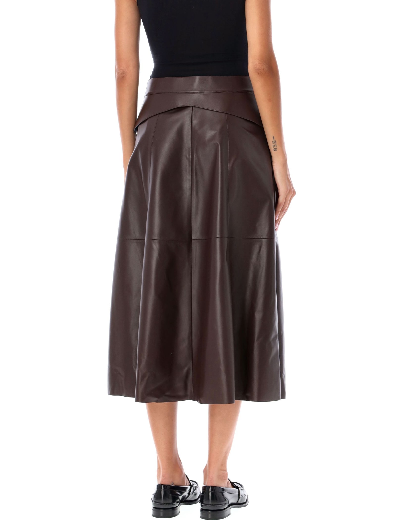 Shop Ralph Lauren Godet Selleria Midi Leather Skirt In Brown Moka