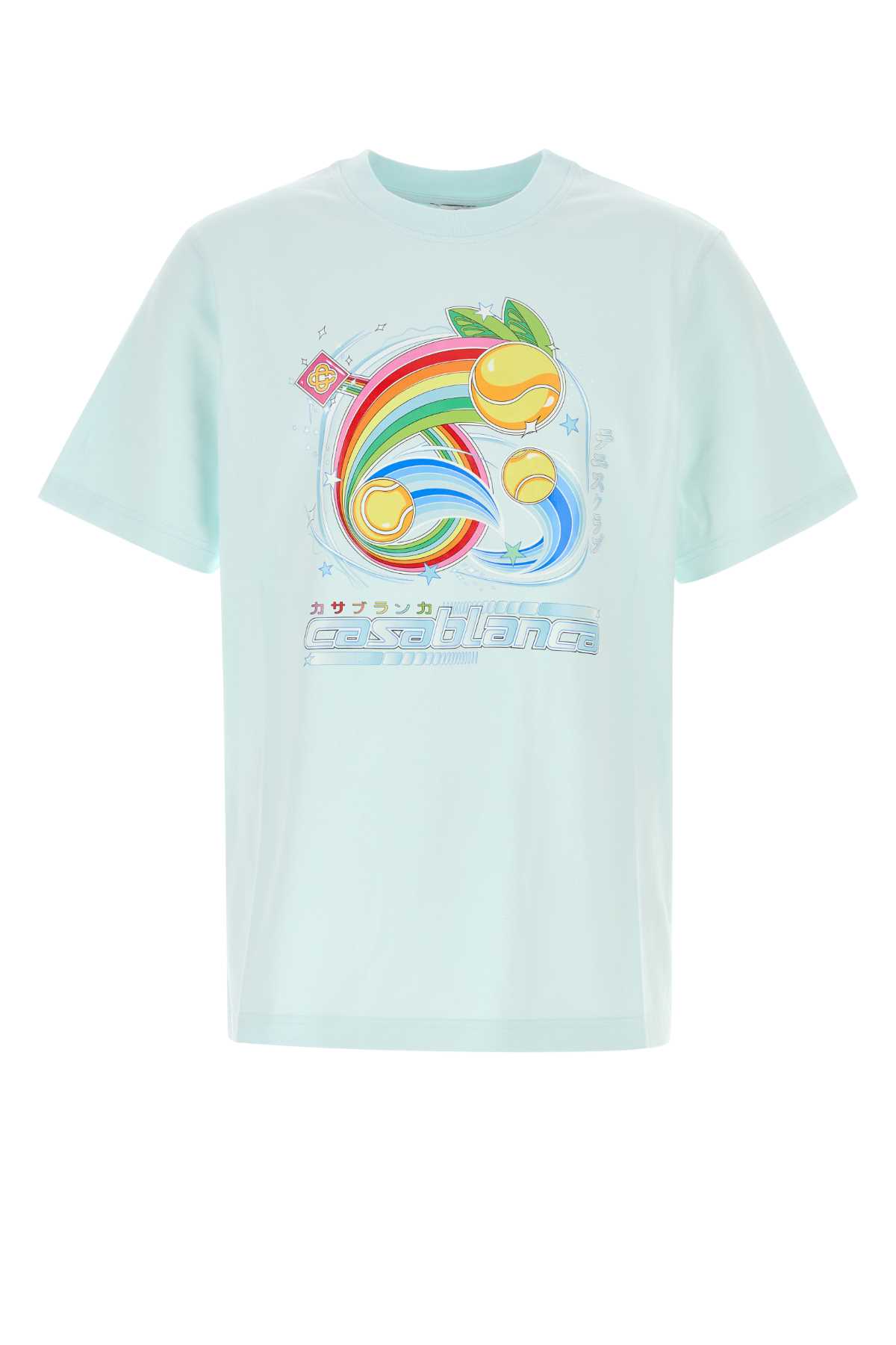 Casablanca Short-sleeved T-shirt In Light Blue Cotton With Graphic Print In Blue