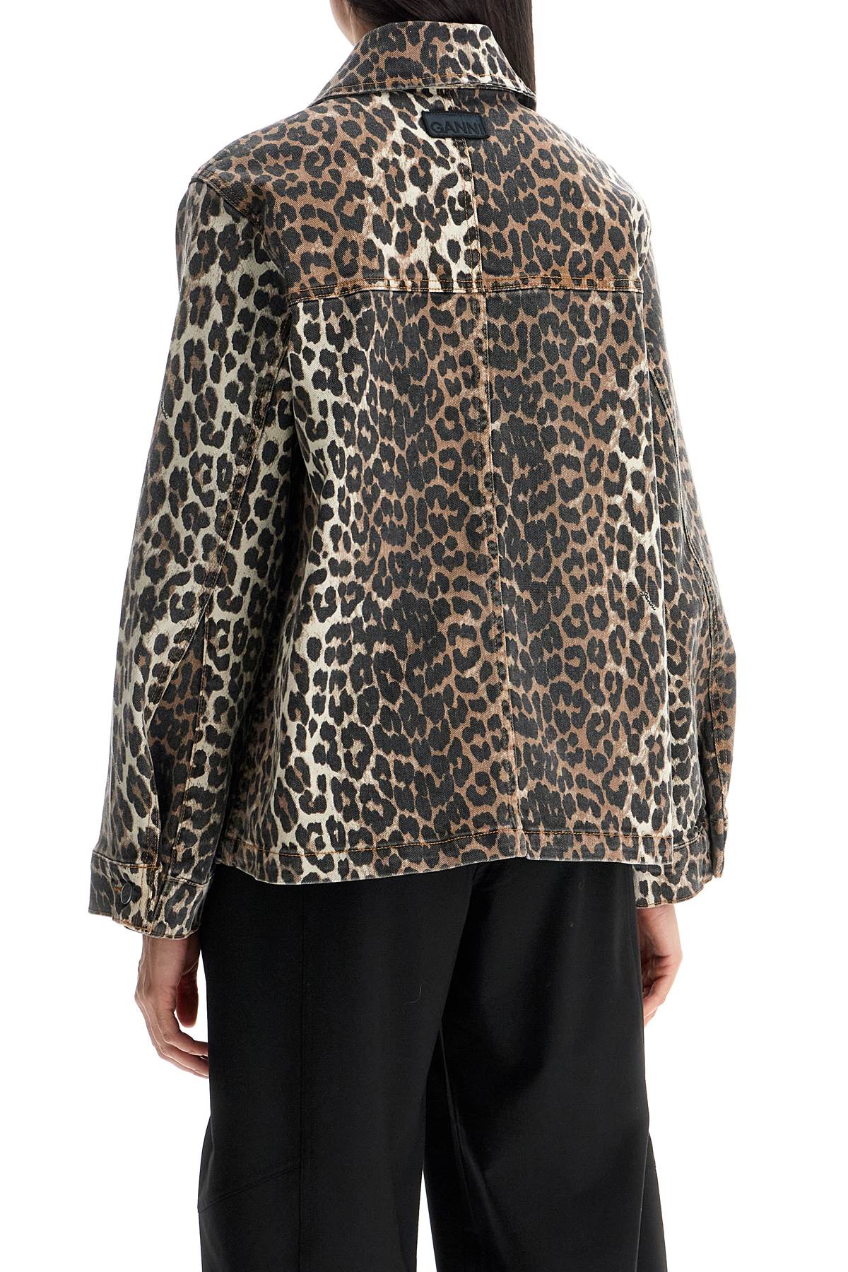 Shop Ganni Leopard Print Denim Jacket In Leopard (brown)