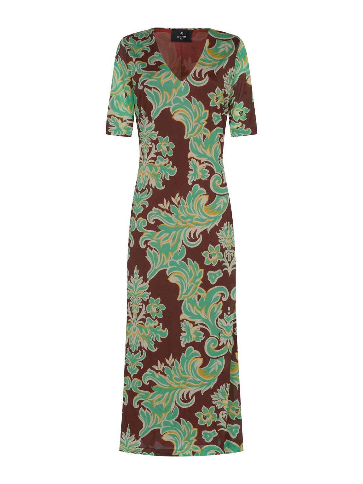 Shop Etro Floral Printed V-neck Maxi Dress In Moro