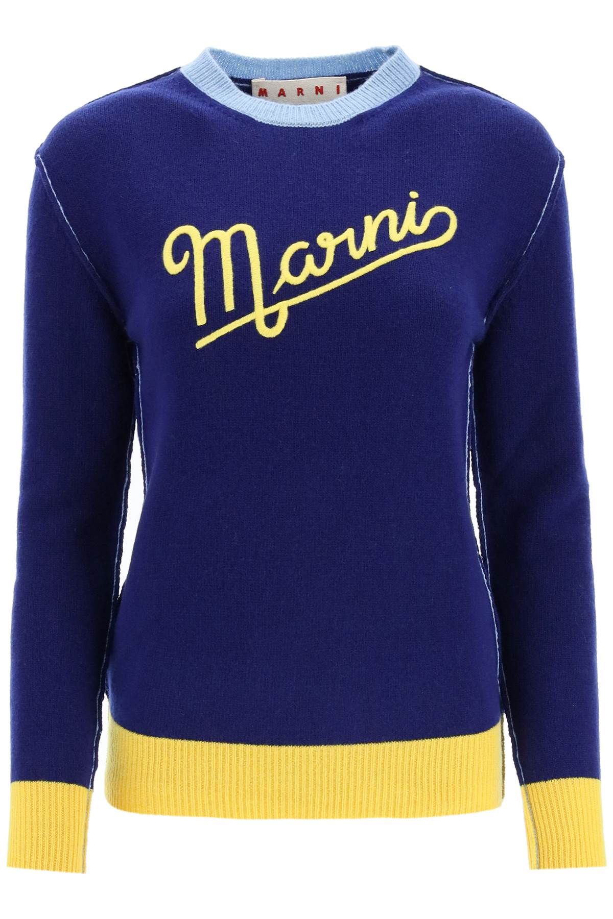 Marni intarsia-knit-logo virgin-wool sweater, Blue