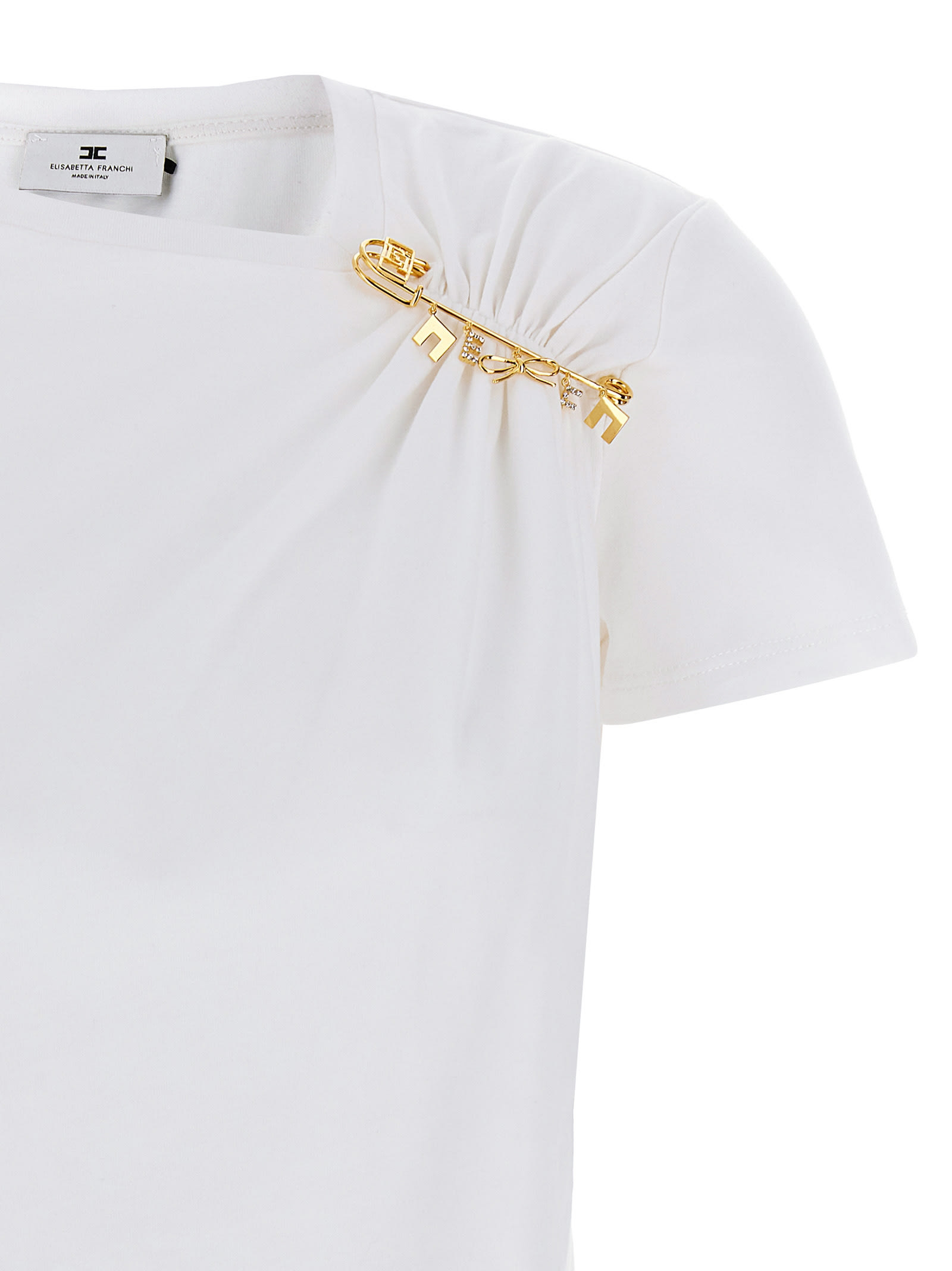 Elisabetta Franchi Asymmetric Neckline T-shirt With Gold Brooch Accents In White
