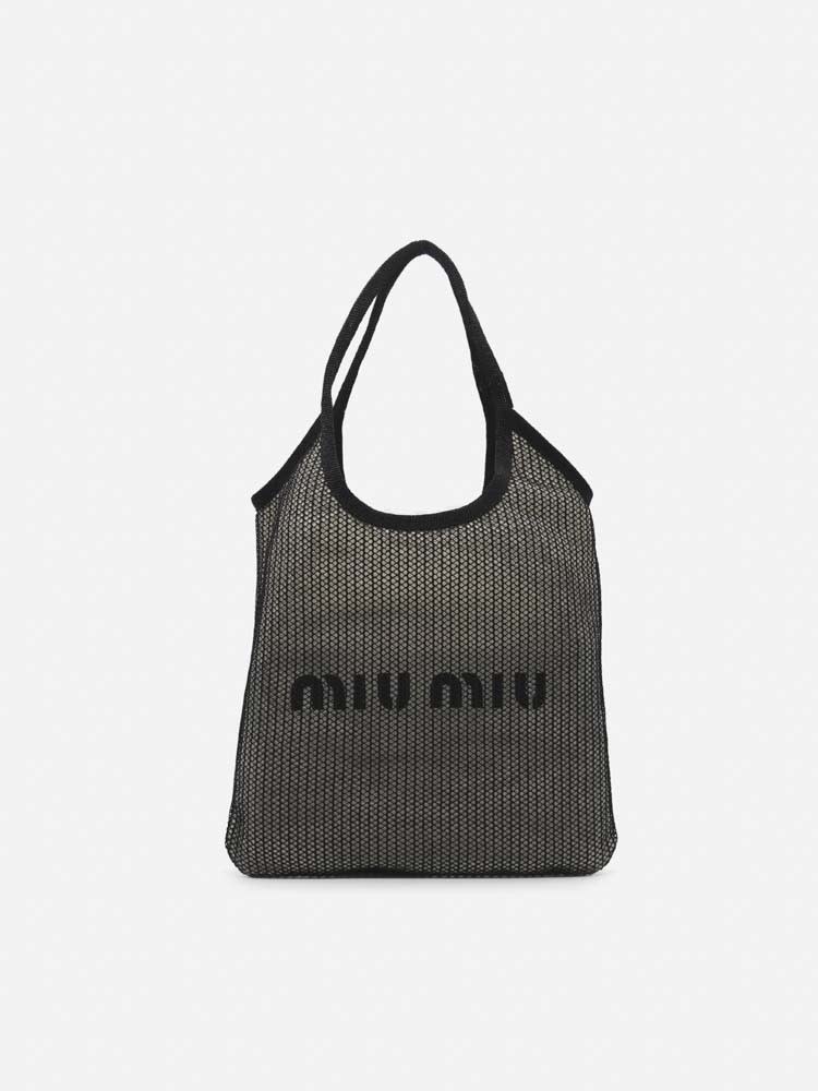 Miu Miu Tote Bag In Woven Raffia With Logo Print