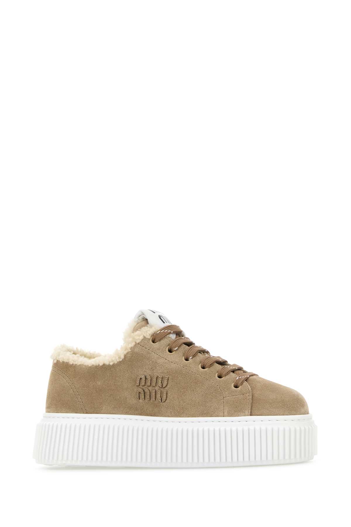 Miu Miu Suede Platform Sneakers Featuring Shearling Trim In Brown