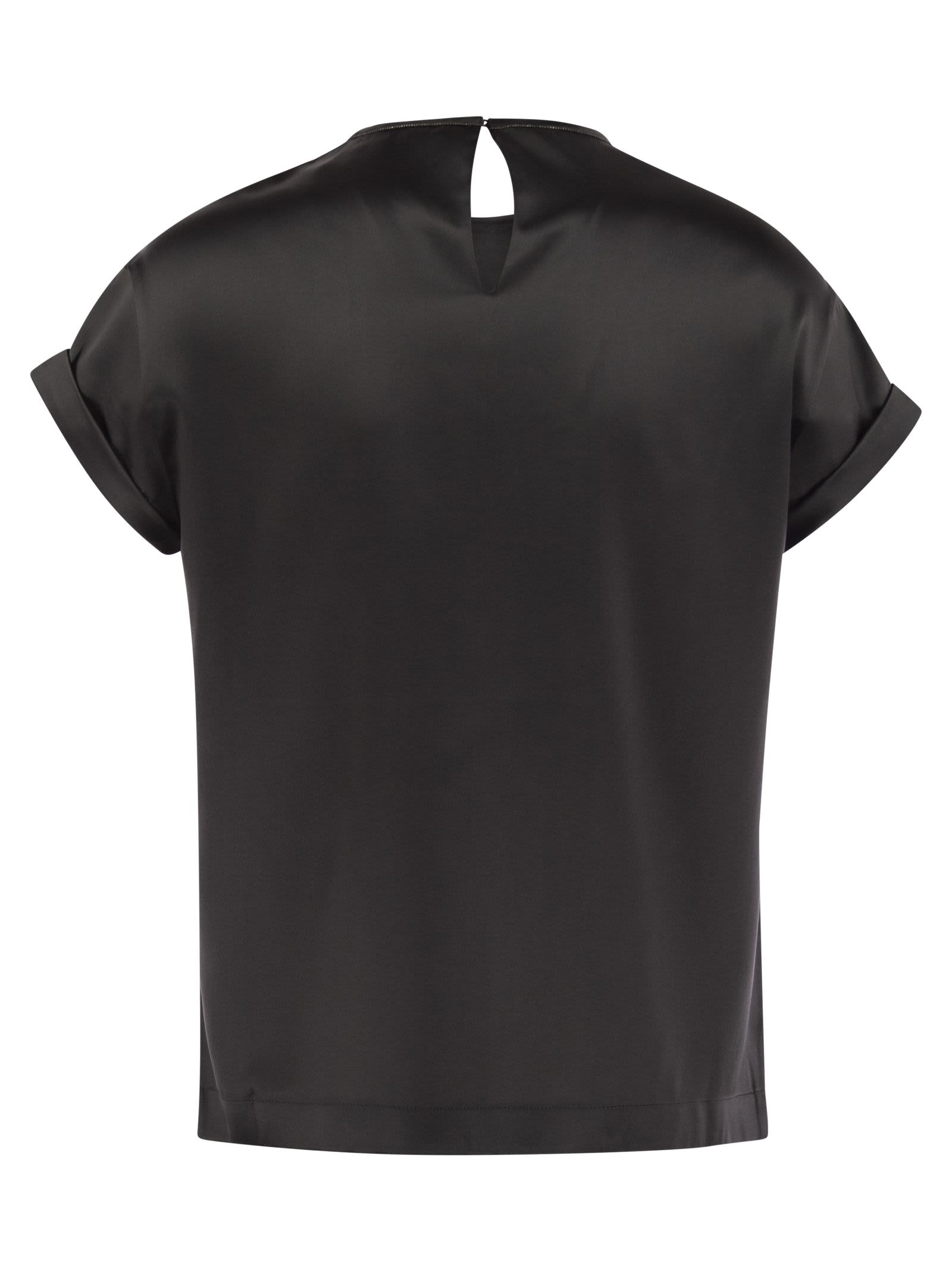 Shop Brunello Cucinelli Stretch Silk Satin T-shirt With Necklace In Anthracite