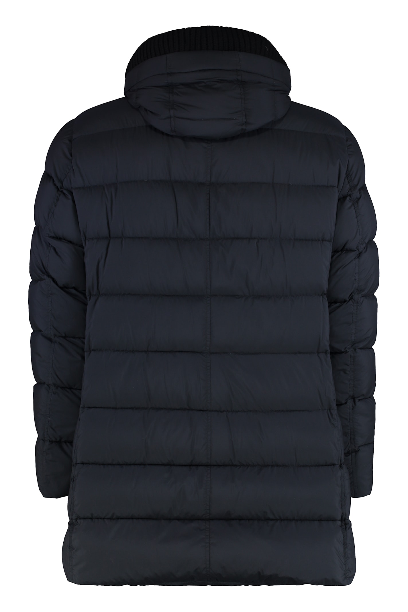 Herno Long Quilted Down Jacket With Hood And Flap Pockets In Blue