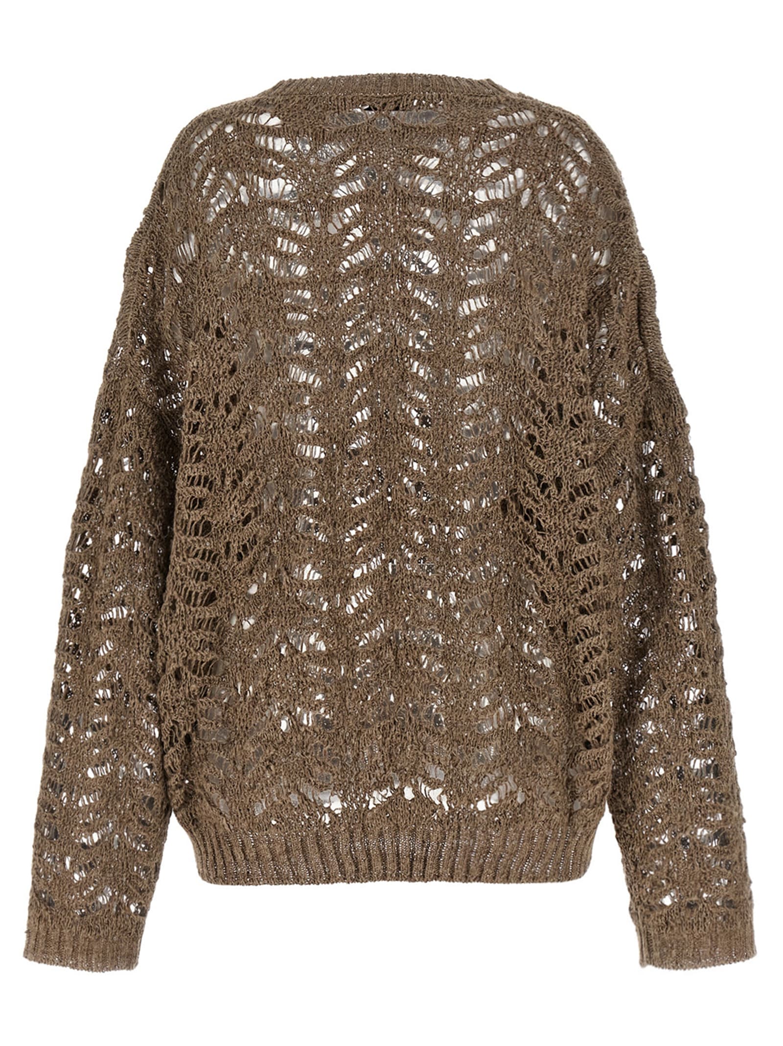 Brunello Cucinelli Dazzling Brown Round Neck Sweater With Open Stitch And Beaded Decorations In Linen Blend Woman In Brown