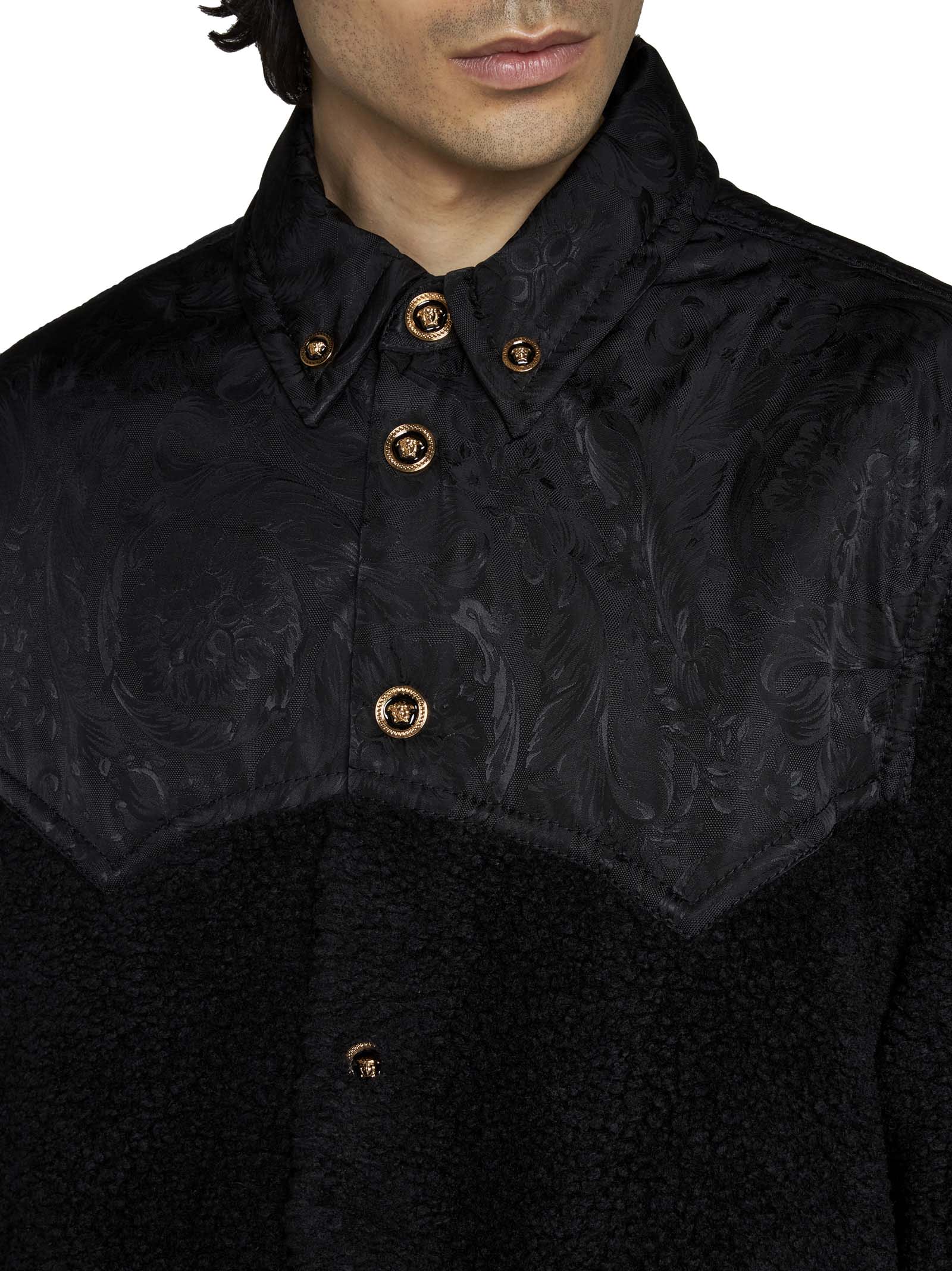 Versace Faux Shearling And Technical Jacquard Jacket In Black