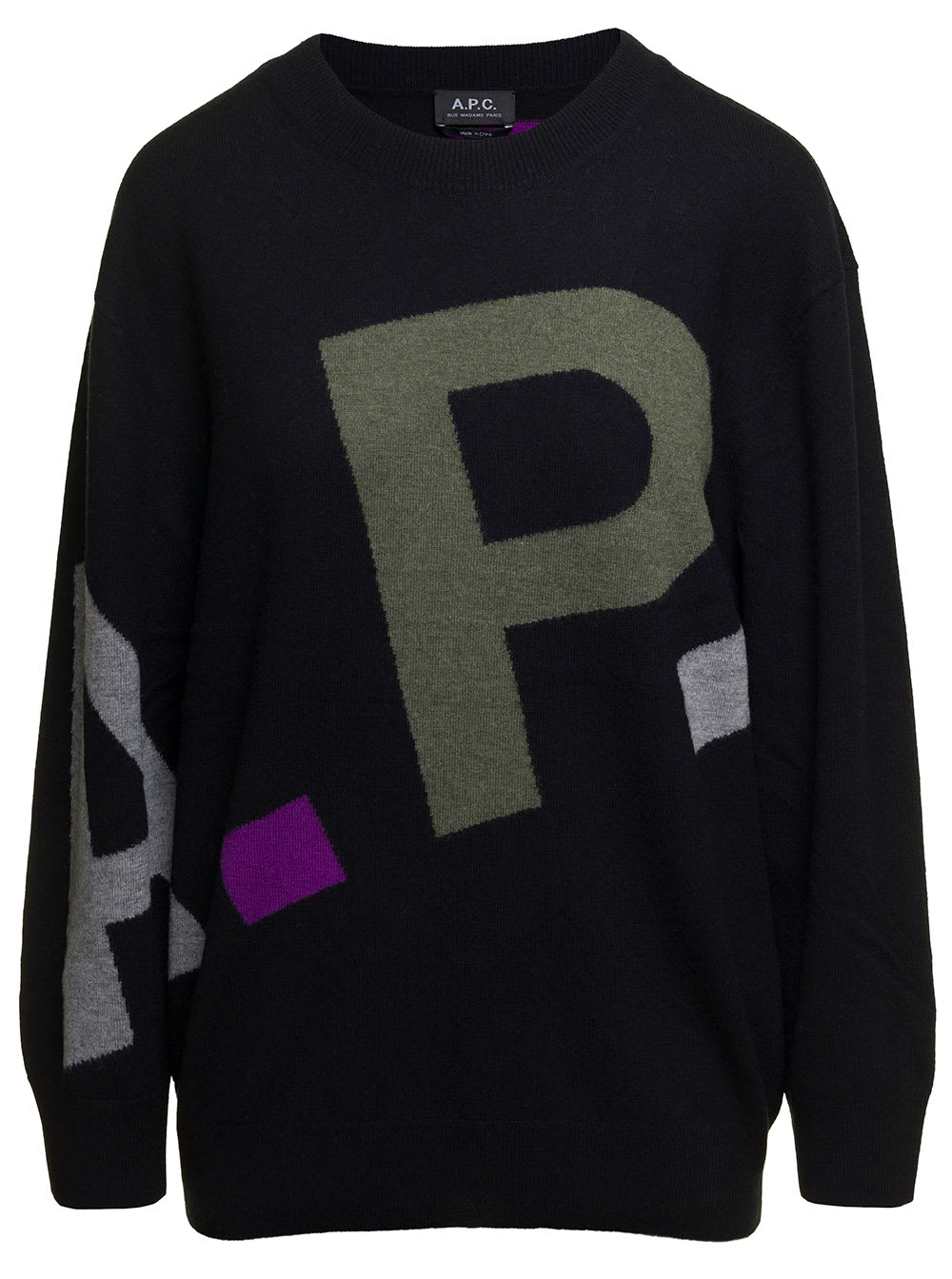 Shop Apc Black Crewneck Sweater With All-over Multicolor Logo In Wool Woman