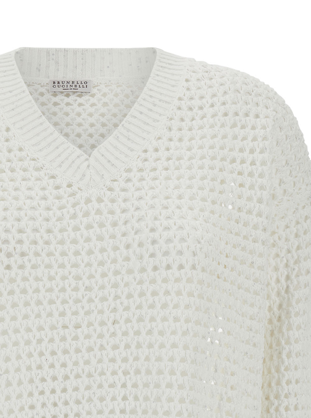 Shop Brunello Cucinelli White Pullover With V Neckline In Open-work Knit Woman