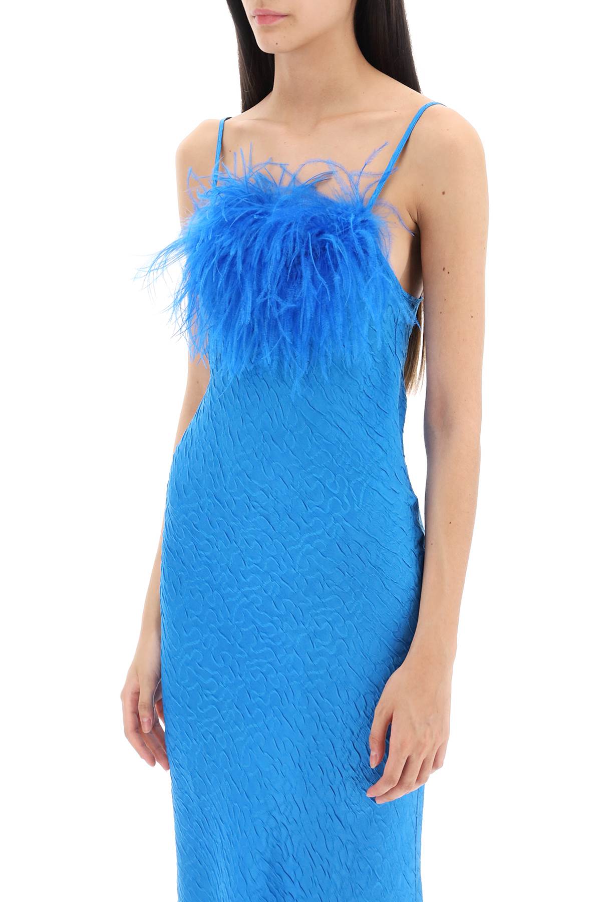 Shop Art Dealer Ella Maxi Slip Dress In Jacquard Satin With Feathers In Blue (blue)