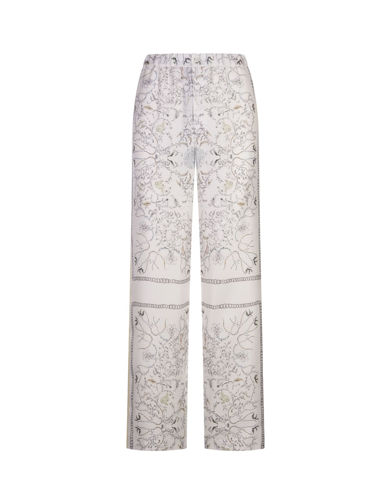 White Printed Silk Twill Trousers