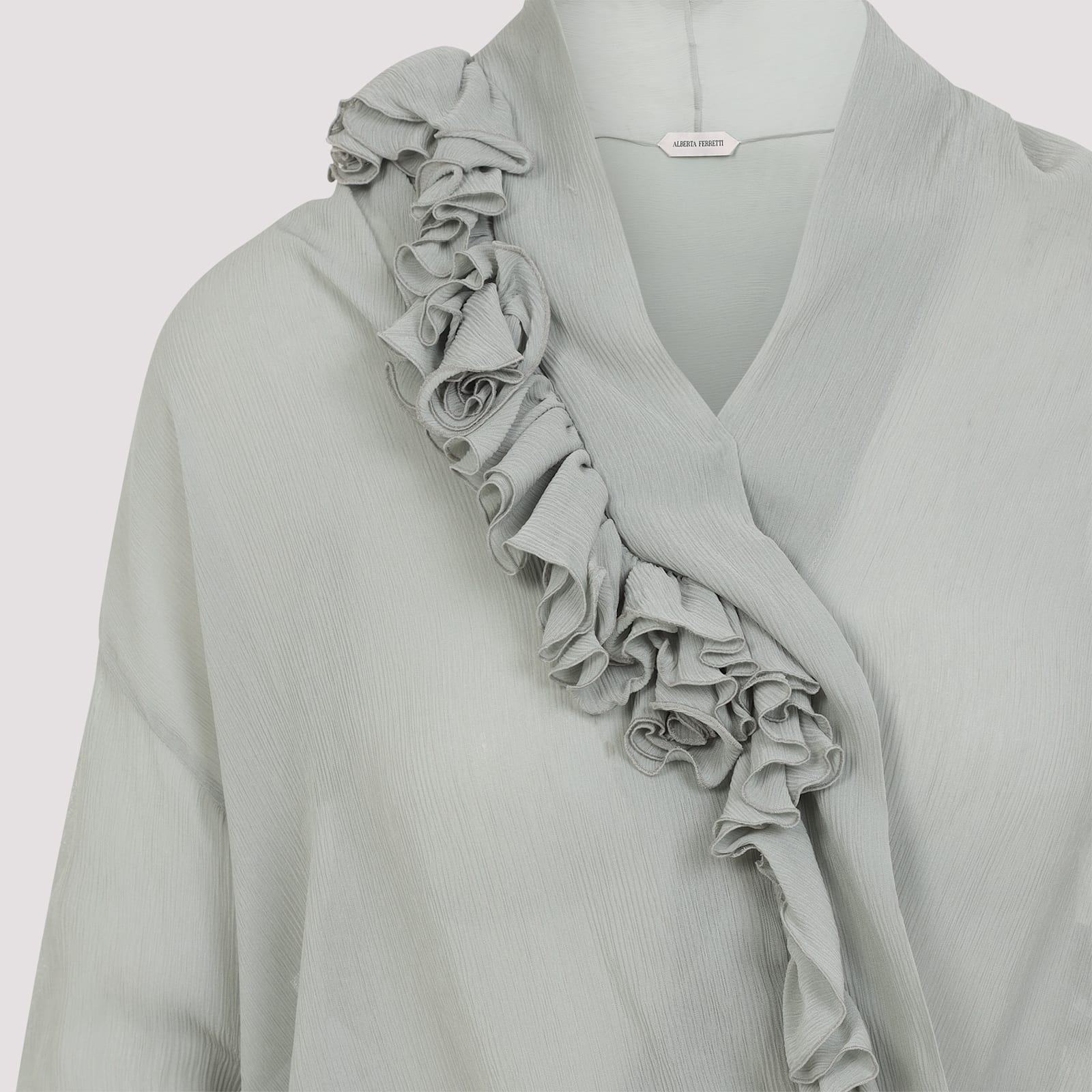 Alberta Ferretti Loose-fitting Grey Shirt With Ruffled Trim In Gray